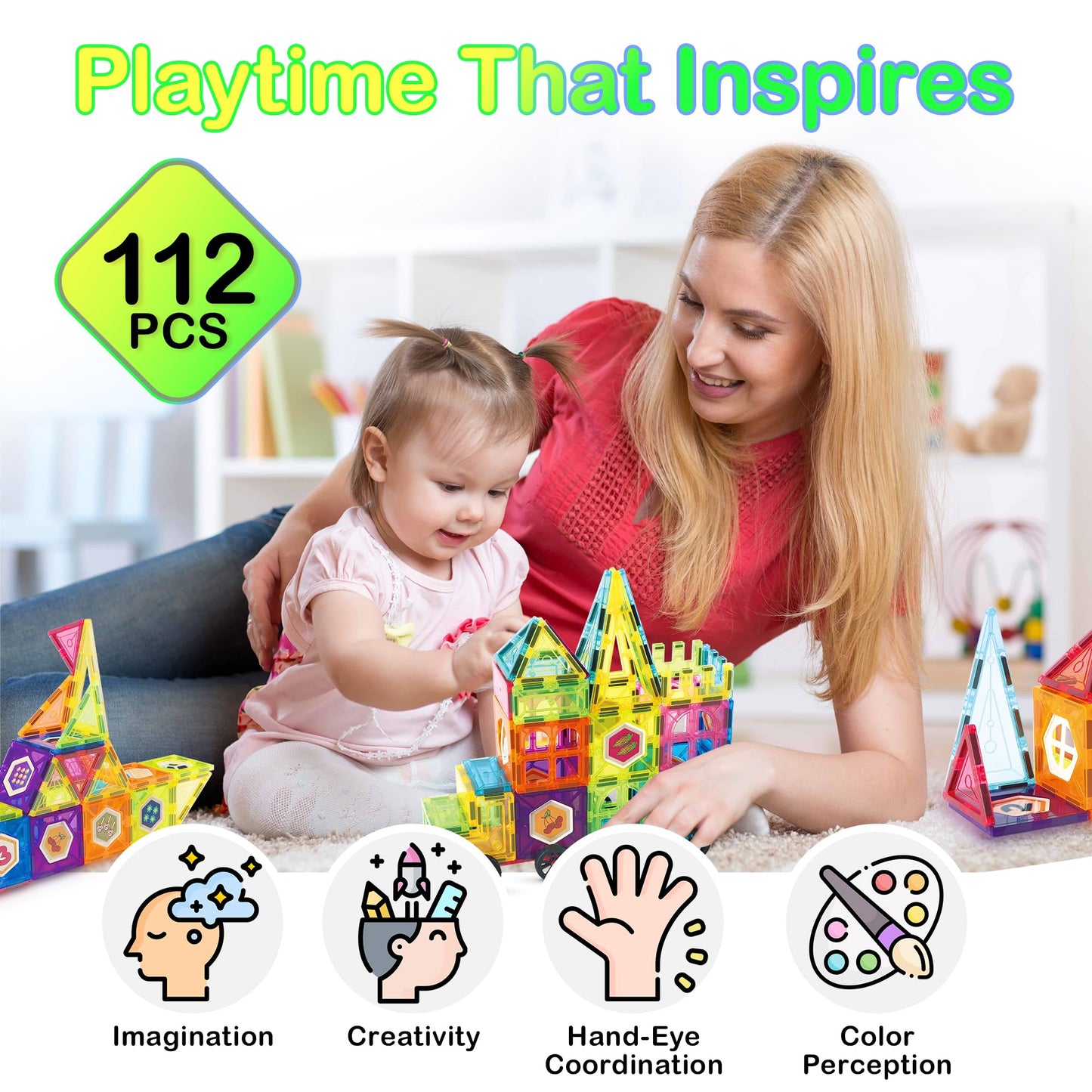 Contixo ST4 Magnetic Tiles - 112 PCs 3D Building Blocks STEM Construction Creativity, Imagination, Recreational, Educational Building Toys for Kids Children Toddler Ages 4-8, Boys and Girls Age 3-5