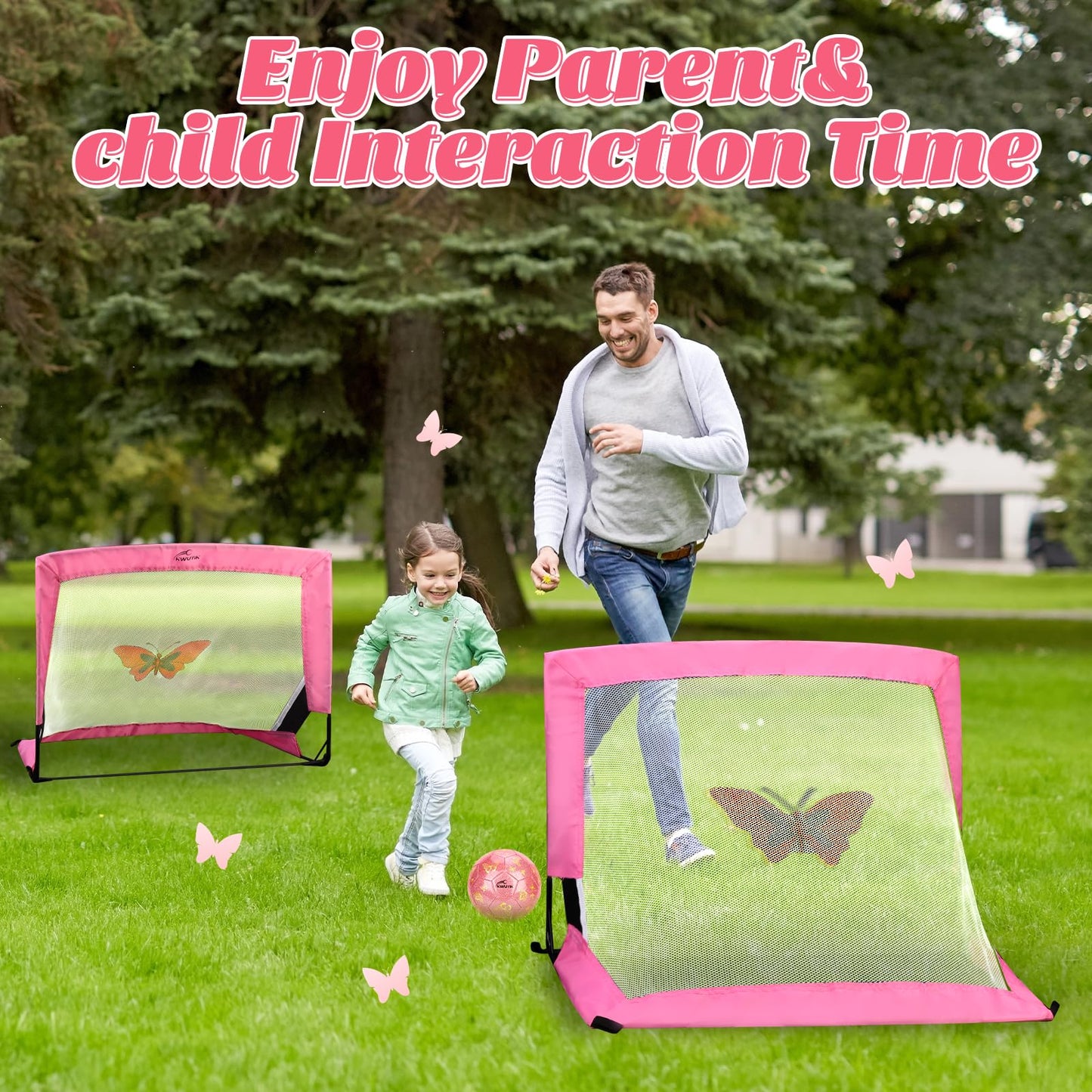 Kids Soccer Goal Set with Size 2 Pink Glitter Butterfly Soccer Ball and Pump 2x1.5ft Portable Butterfly Print Soccer Nets for Toddlers Ages 3-5 Indoor Outdoor Backyard Training Gift Boys Girls