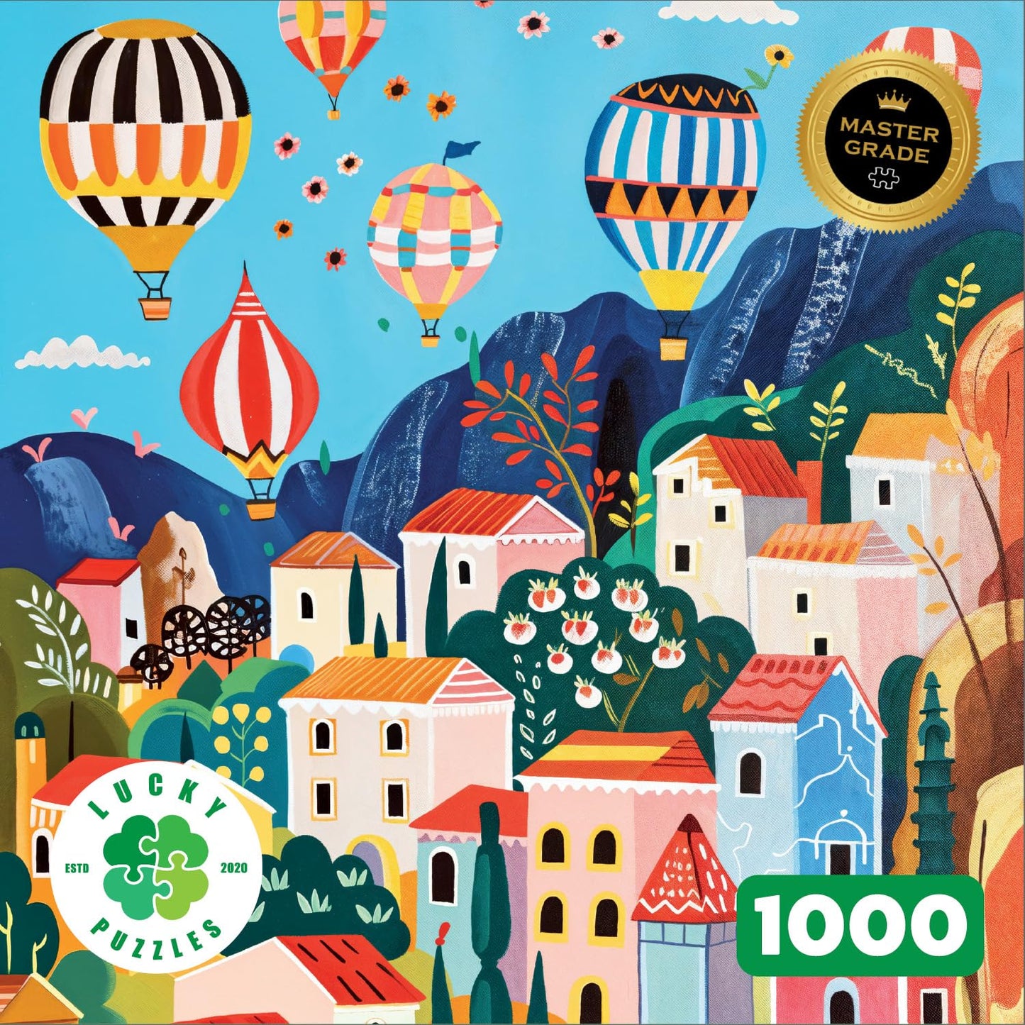 Lucky Puzzles Balloons Over Cappadocia 1000 Piece Jigsaw Puzzle for Adults | Beautiful Folk Art Puzzle of Turkey's Hot Air Balloons and Rock Formations | Premium Puzzles
