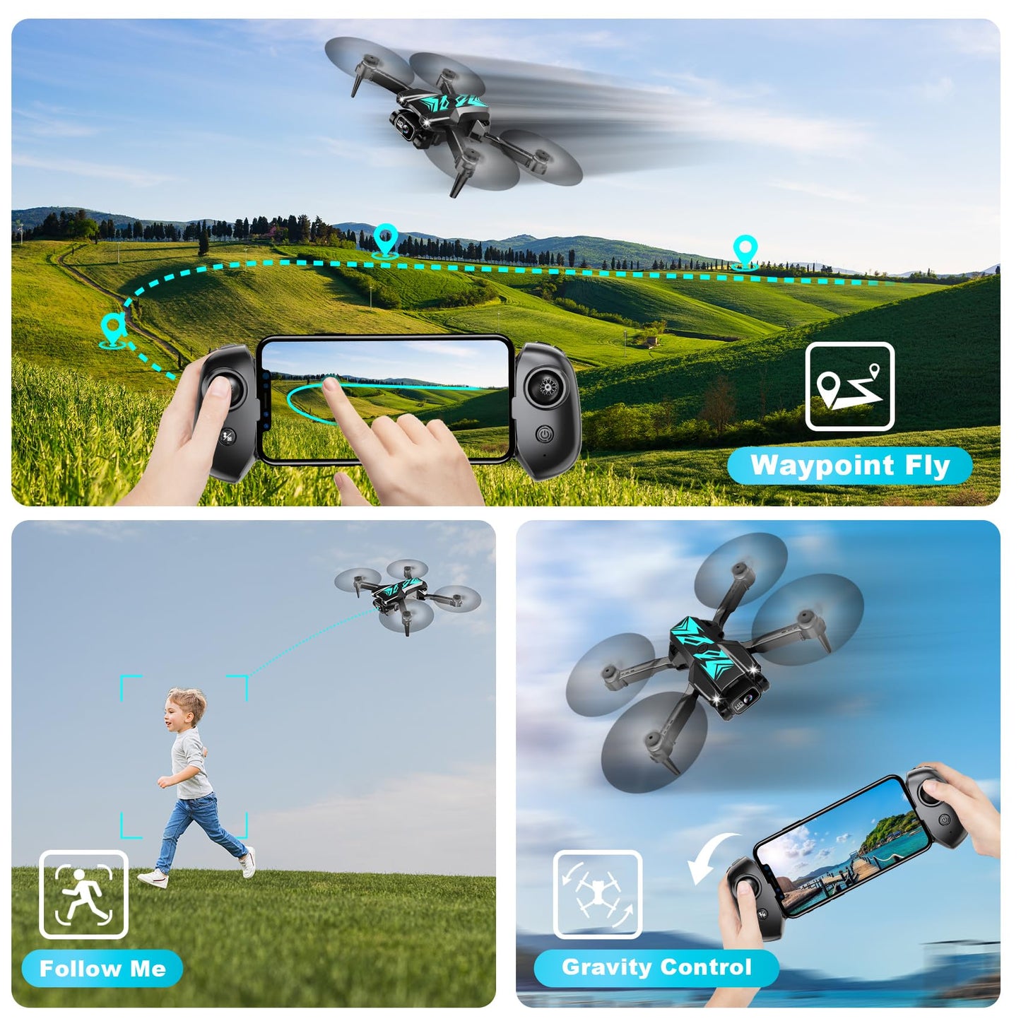 Mini Drone with Camera for Beginners Adults-1080P FPV Camera Foldable Drone with Stable Altitude Hold, Gestures Selfie, Waypoint Fly, Headless Mode, Auto-Follow, 3D Flip, One Key Start, 3 Speeds, 2 Batteries