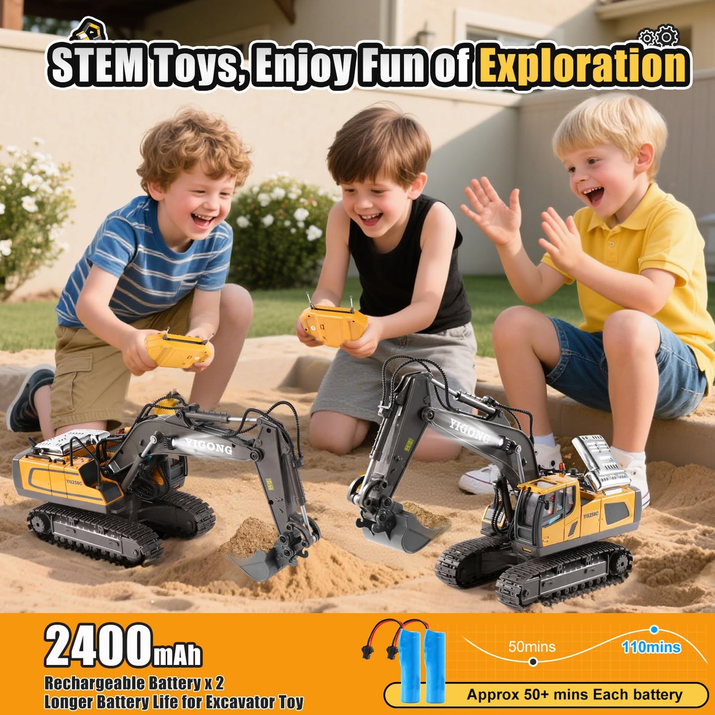 LUDILO Remote Control Excavator Toys for 6 7 8 Year Old Boys Gifts, 11CH 2400mAh 2.4GHz Cars RC Excavator Construction Toy Truck Digger Metal Shovel Sound Light, Kids Boys Toys Age 6-8 Birthday Gift