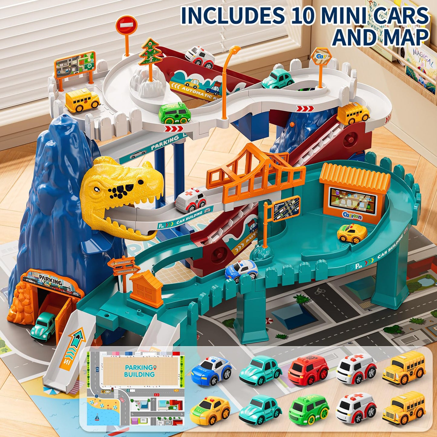 NIPLOOOW Dinosaur Race Track Playset for Boys Kids 3-5, Dinosaur Climbing Hills Car Track Play Set with 10 Mini Racer Cars, Kids Car Ramp Track Toys for 3 4 5 6 7 8 Year Old Boys Girls