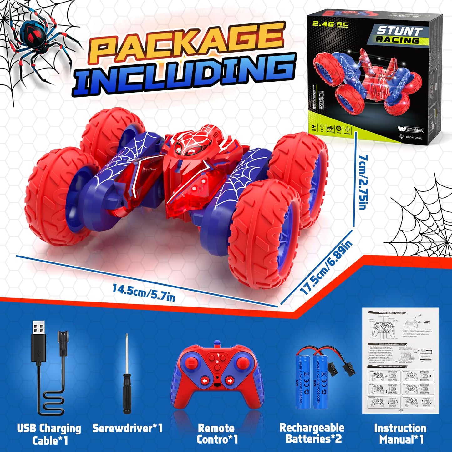 SOGAWEBB Spider Remote Control Cars for Boys 4-7, 360° Spinning RC Stunt Car with 2 Batteries Cool Lights Toys Birthday Gift for Boys 4 5 6 7 8 9 10 11 12 Year Old