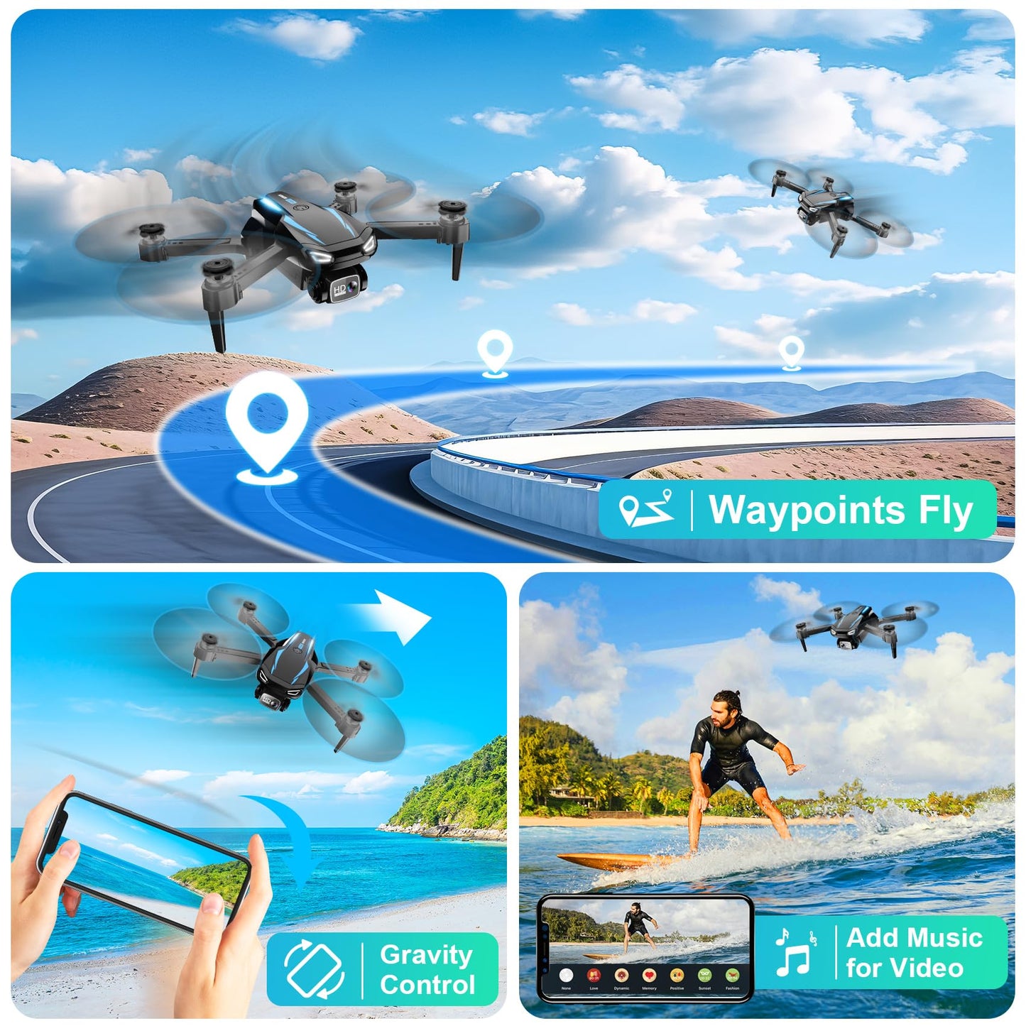 Drone with 1080P Camera, Foldable Remote Control Quadcopter for Adults Beginners, Mini Drone with Stable Hover, Waypoint Fly, 3D Flips, One Key Start, 2 Batteries, Easy to Fly Indoors & Outdoors