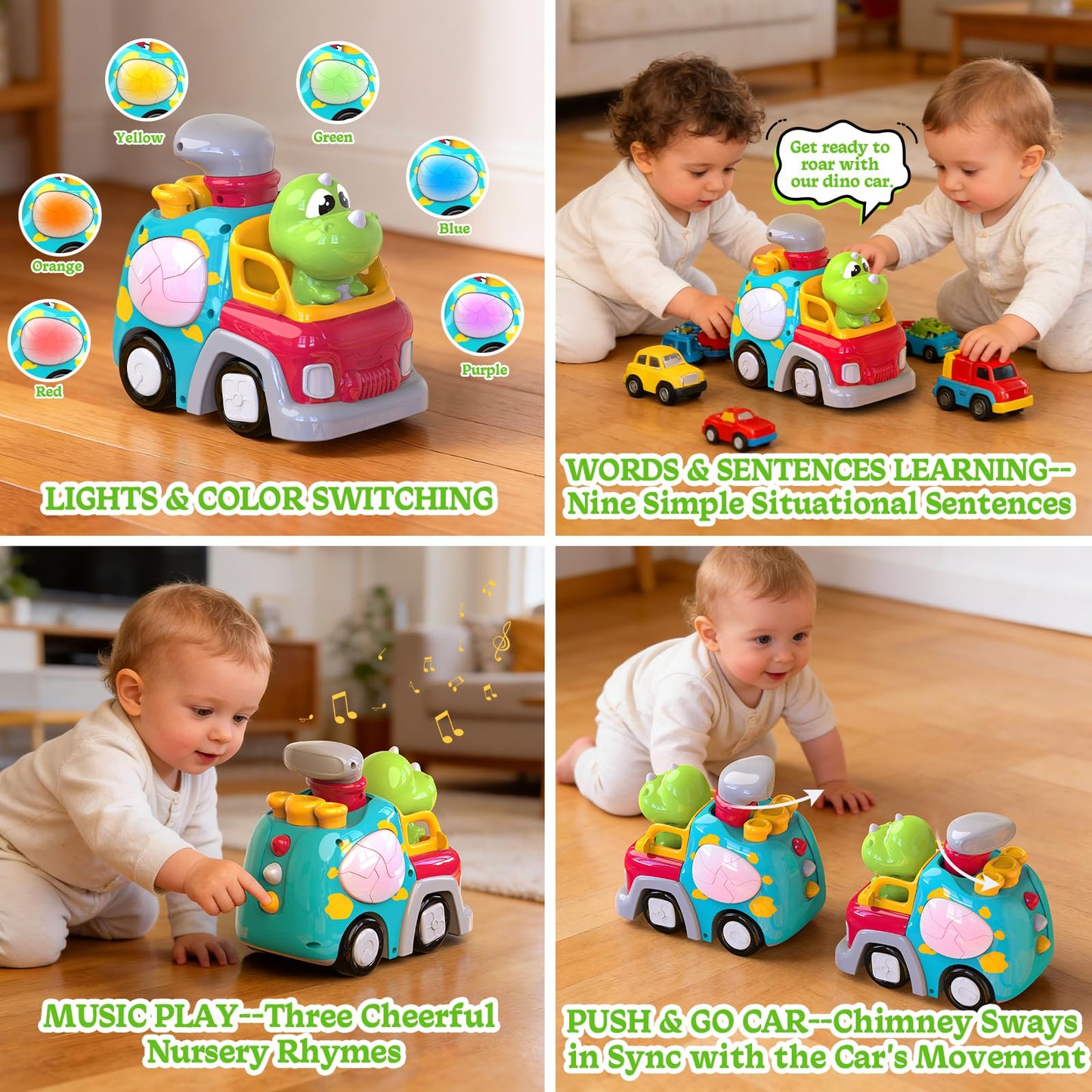 P&C Dinosaur Truck Toys for 1 2 3 Year Old Boys Girls, 18-36 Months Baby Toy with Music & Lights, Montessori Learning Toy for Crawling Walking, Educational Push Car for Toddlers, Birthday Gift