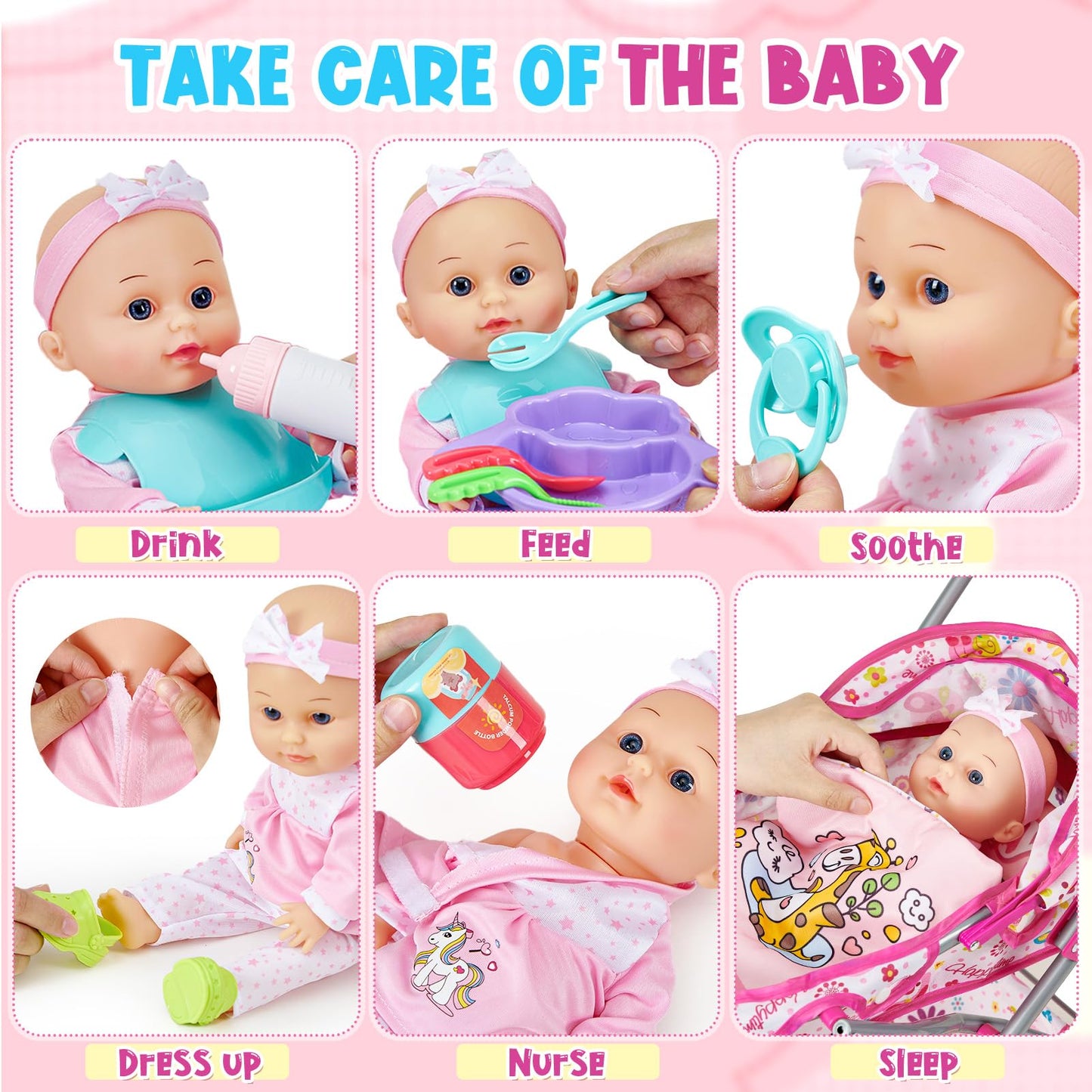 Golray 12 in Baby Doll Toys Set with Stroller for 3 4 5 6 Year Old Girl - 26pcs Babydoll with Accessories Rocking Horse/2 Clothes, Feeding Nursing Pretend Play Toddler Girl Toy Gift 3-5-7