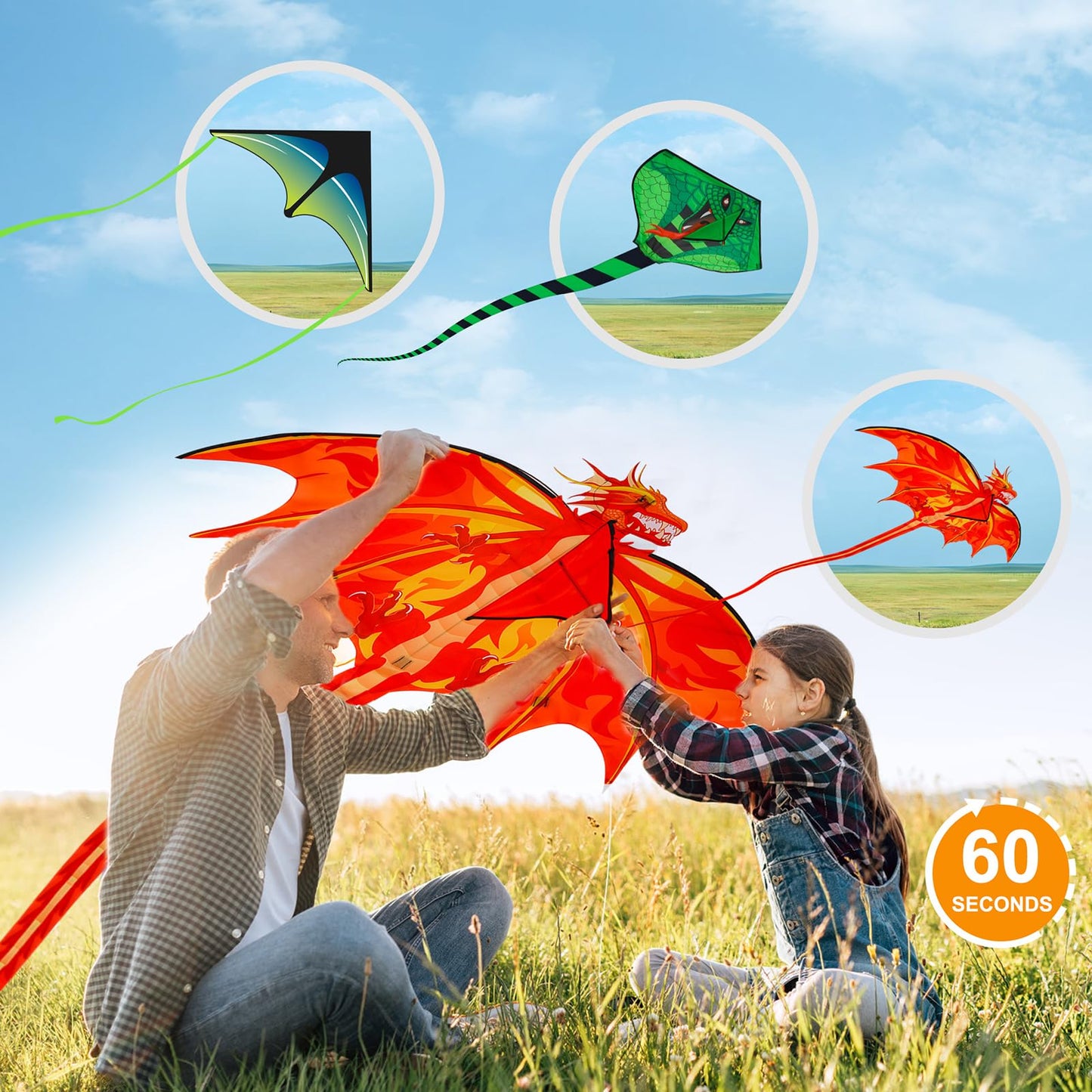 3 Pack Large Kites - Dragon Snake Delta Kites Easy to Fly for Adults Kids Beach Park Outdoor Game Activities, Gifts for Easter Festival Birthday