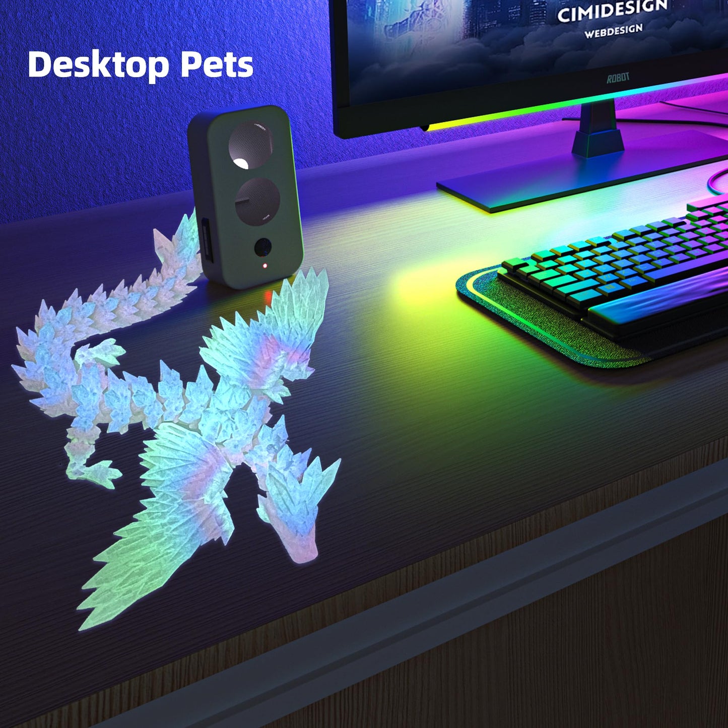 Flavery 3D Printed Dragon with Wings - Glow Rainbow, 18 inch Flying Dragon, XL Articulated Winged Crystal Fidget Toy, Home Decor, Birthday Gift, Desk Pet
