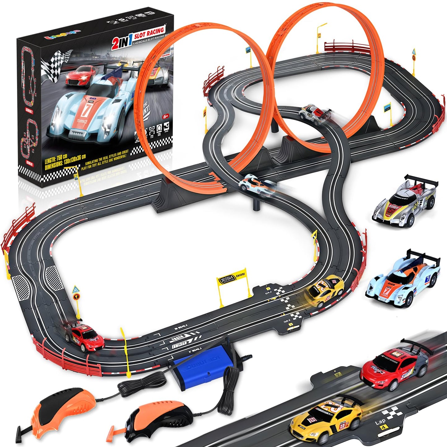 Slot Car Race Track Sets,2 in 1 Race Car Track with 4 High-Speed Slot Cars，Gift Toy for Boys Kids Ages 5 6 7 8-12,Dual Power (Source) Cars Track,Dual Racing Game Lap Counter Circular Overpass Track
