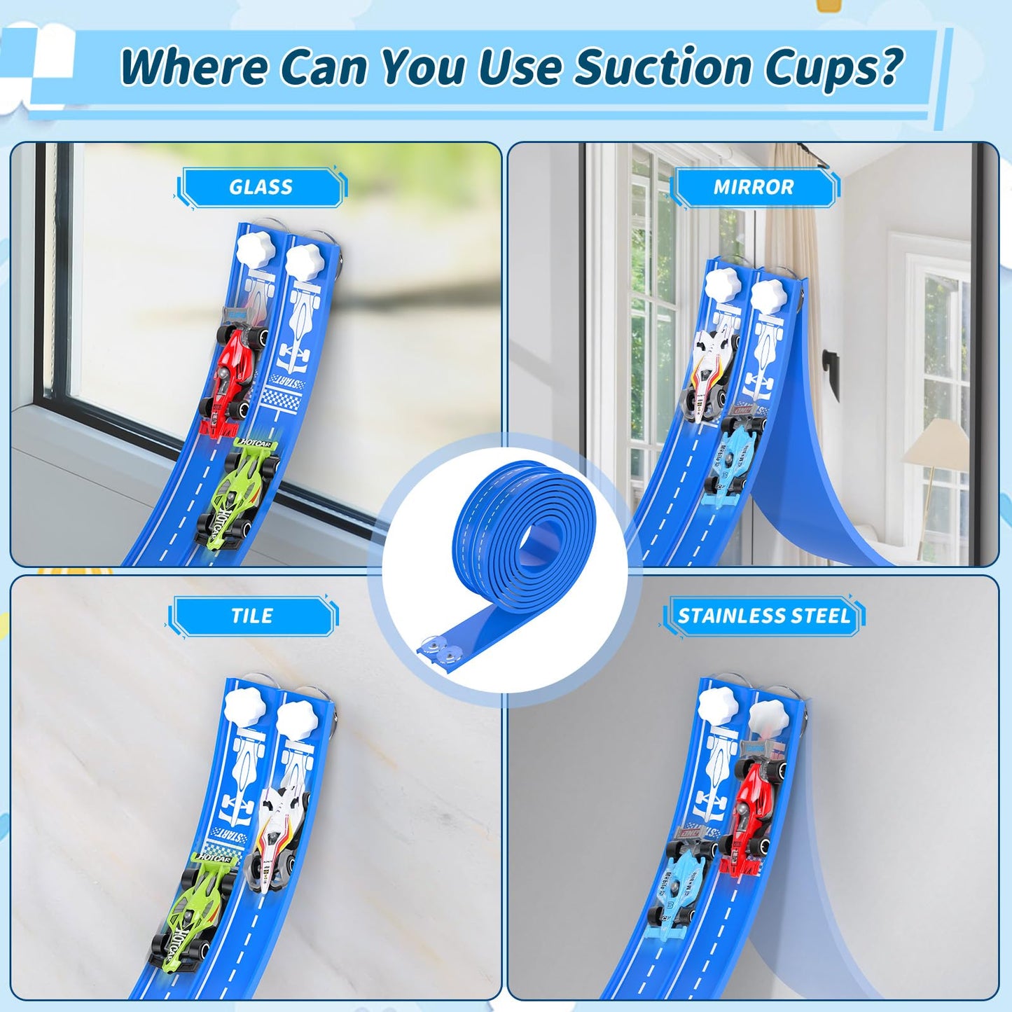 20Ft Flexible Race Track, Slot Car Race Track Set for Kids Ages 3+, Dual Racing Game 2 High-Speed Cars 1/64 Scale, w/8 Suction Cups, 4 Alloy Cars– Ideal Easter Birthday Gift for Boys & Girls (Blue)