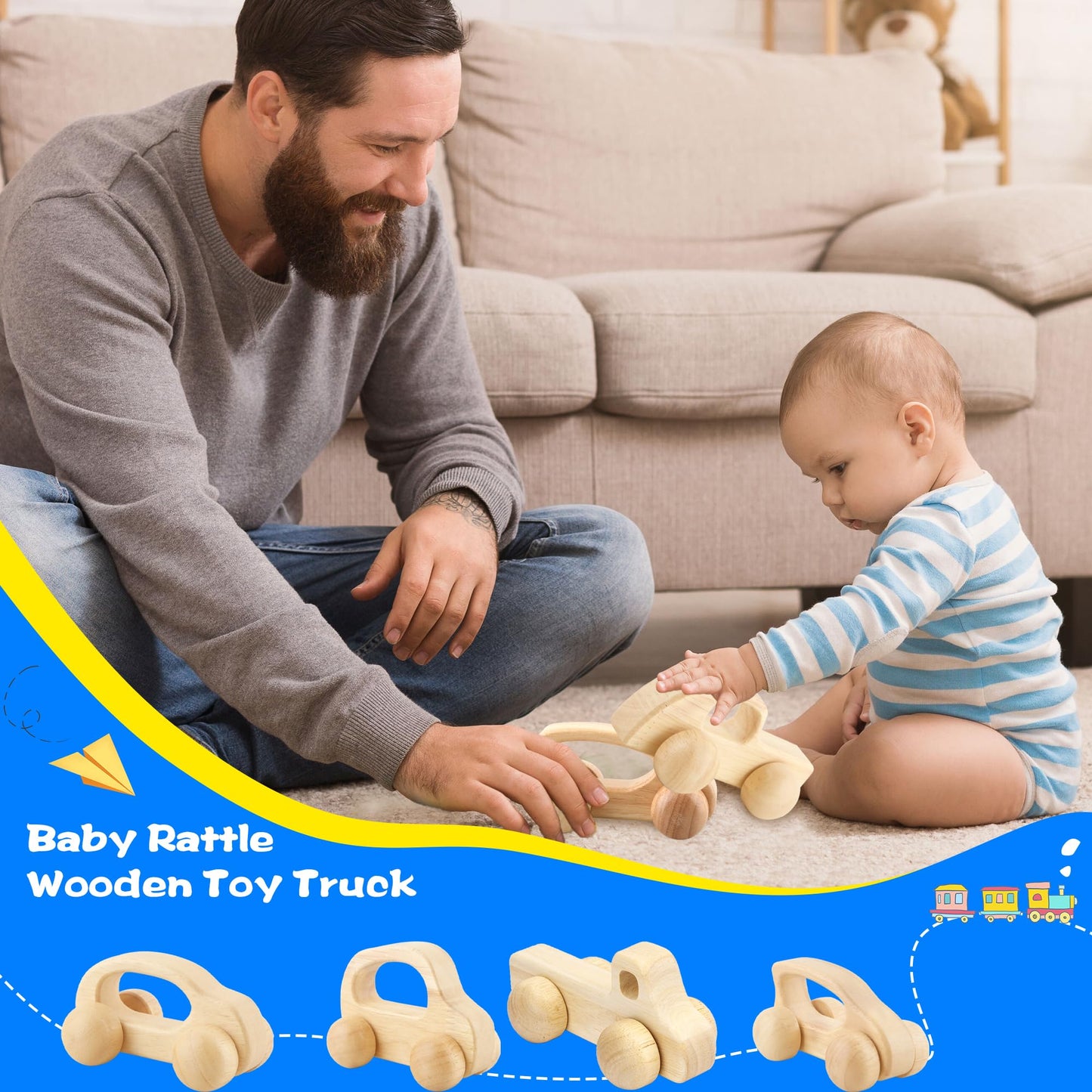 Fahacop 4 Pieces Wooden Toy Cars Mini Push Wood Truck Car Natural Wood Toys for Baby Toddler Birthday Party Gifts Nursery Decoration, 4 Styles