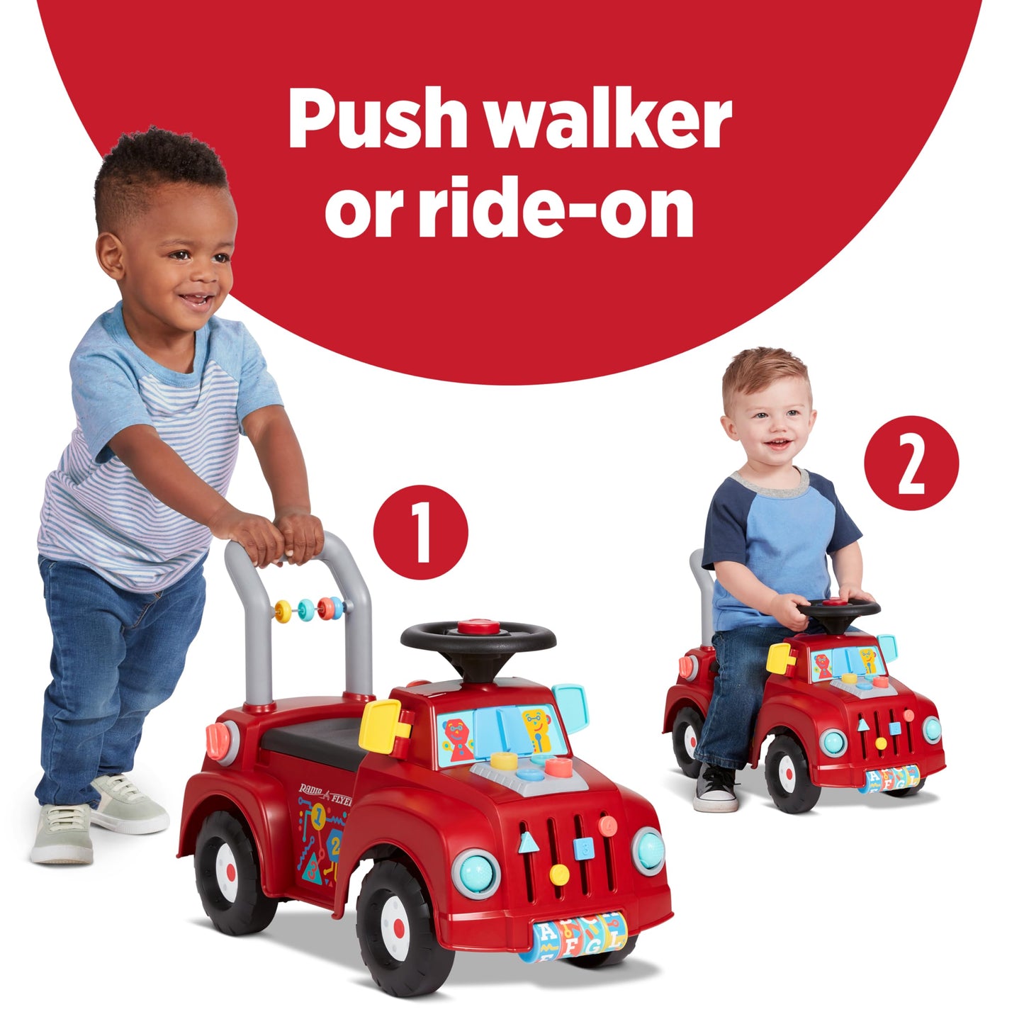 Radio Flyer Tinker Truck, for Toddlers 1-3, 3-in-1 Push Walker Ride On Car with 20 Sensory Activities, Anti-Tip Feature, Under-Seat Storage, Lights and Sounds, 42 lb Capacity, Toddler Ride On Toys