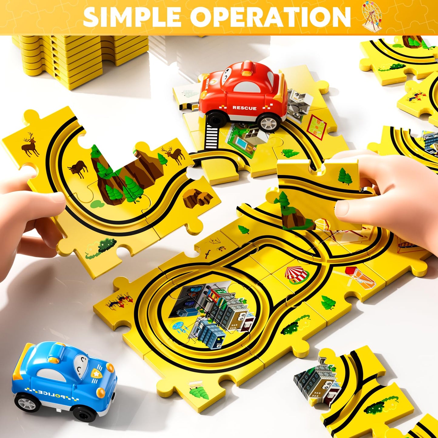 Bennol 56Pcs Puzzle Race Car Track Set Toys for Kids Floor Puzzle Tracks Car Gifts for 3 4 5 Year Old Boys Kids Toys Gifts for 3 4 5 Year Old Boys Puzzle Racer Set for Ages 3-5 4-6