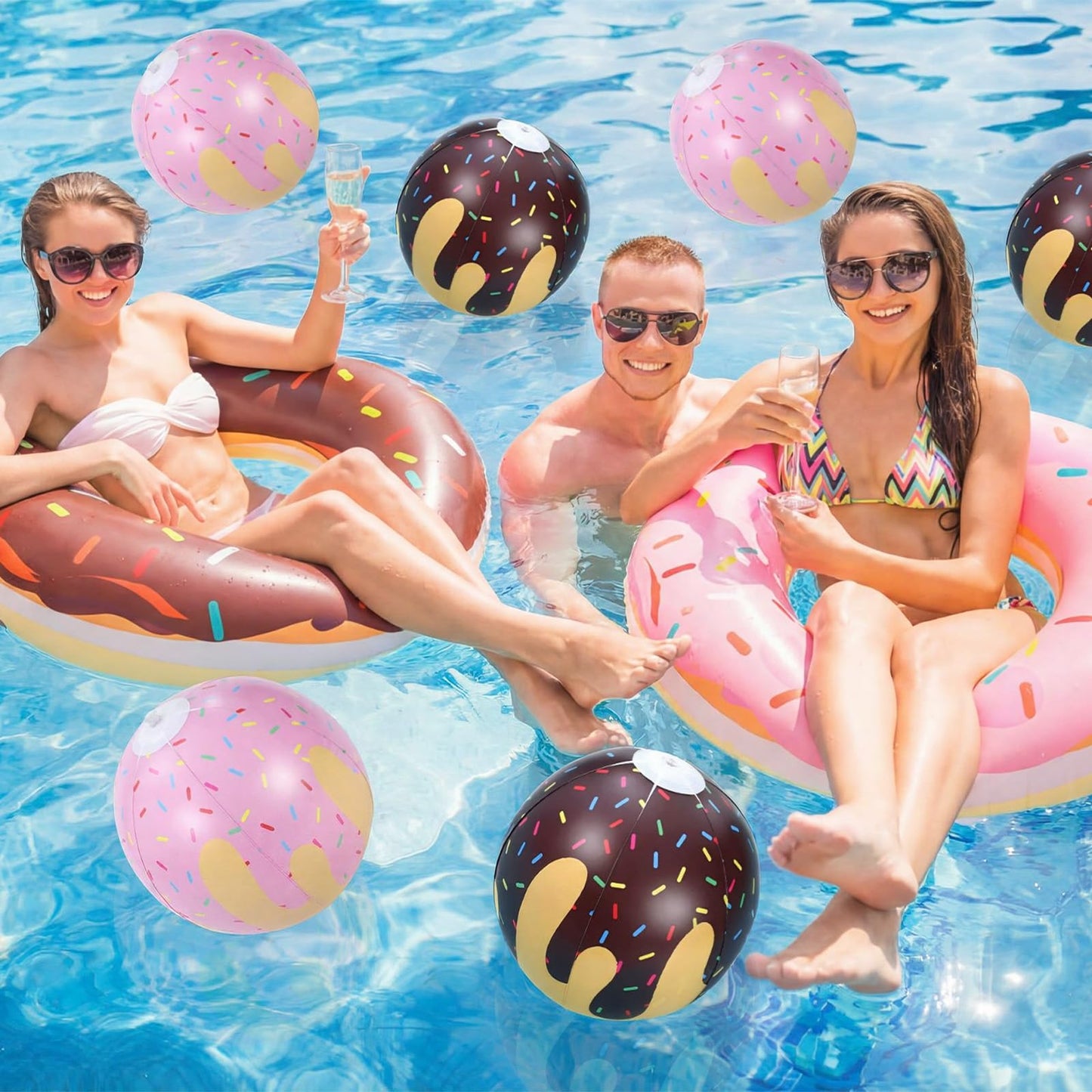 Soulchen 8 Pack Inflatable Donut Pool Floats 35.4" Donut Pool Floats Tubes with Beach Balls for Adults Doughnut Swim Tube Rings Blow up Floaties for Summer Swimming Beach Game Party Decors Supplies