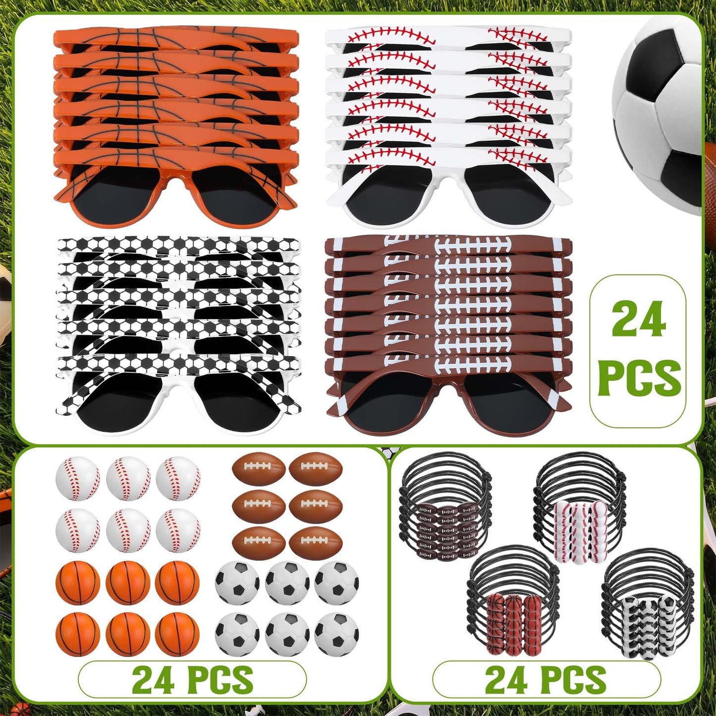 Teyva Daily 72 Pcs Sportball Party Favors Bulk Serve 24, Sport Glasses Sportball Stress Balls Bracelet Baseball Football Soccer Basketball Sports Club Team Reward Birthday Party Supplies for Women Men