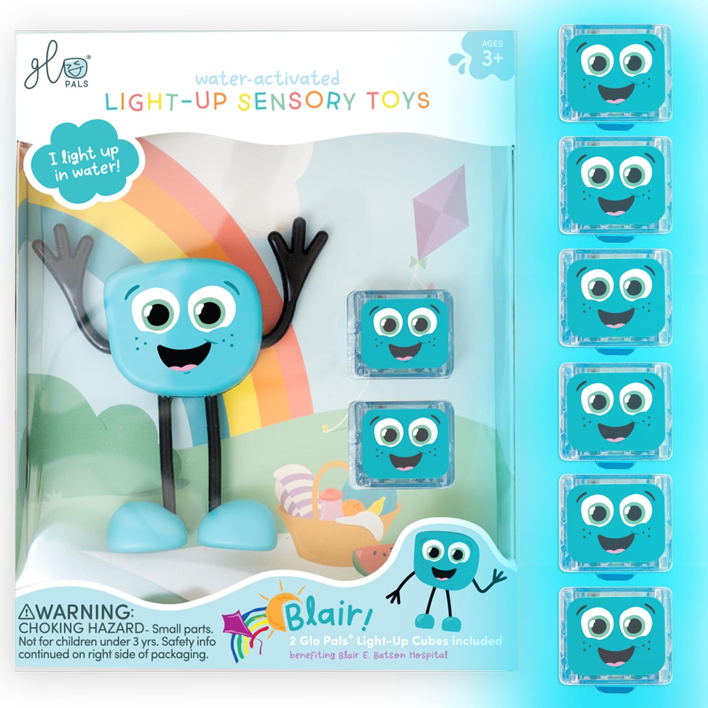 Glo Pals Water Activated Light-Up Sensory Bath Toy Character and Cubes for Bathtime and Sensory Play, Character and Pack of 6 Cubes, Blair