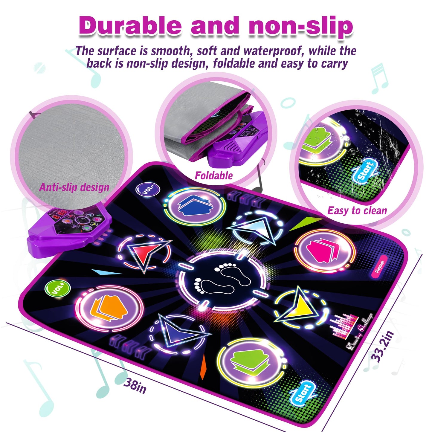Kusntin Dance Mat, Dance Mixer Rhythm Step Play Mat, Pink Dance Pad with LED Lights, Adjustable Volume, Built-in Music, 5 Game Modes, Xmas Birthday Gifts for 3-10 Years Girls Toys (Purple-Black)