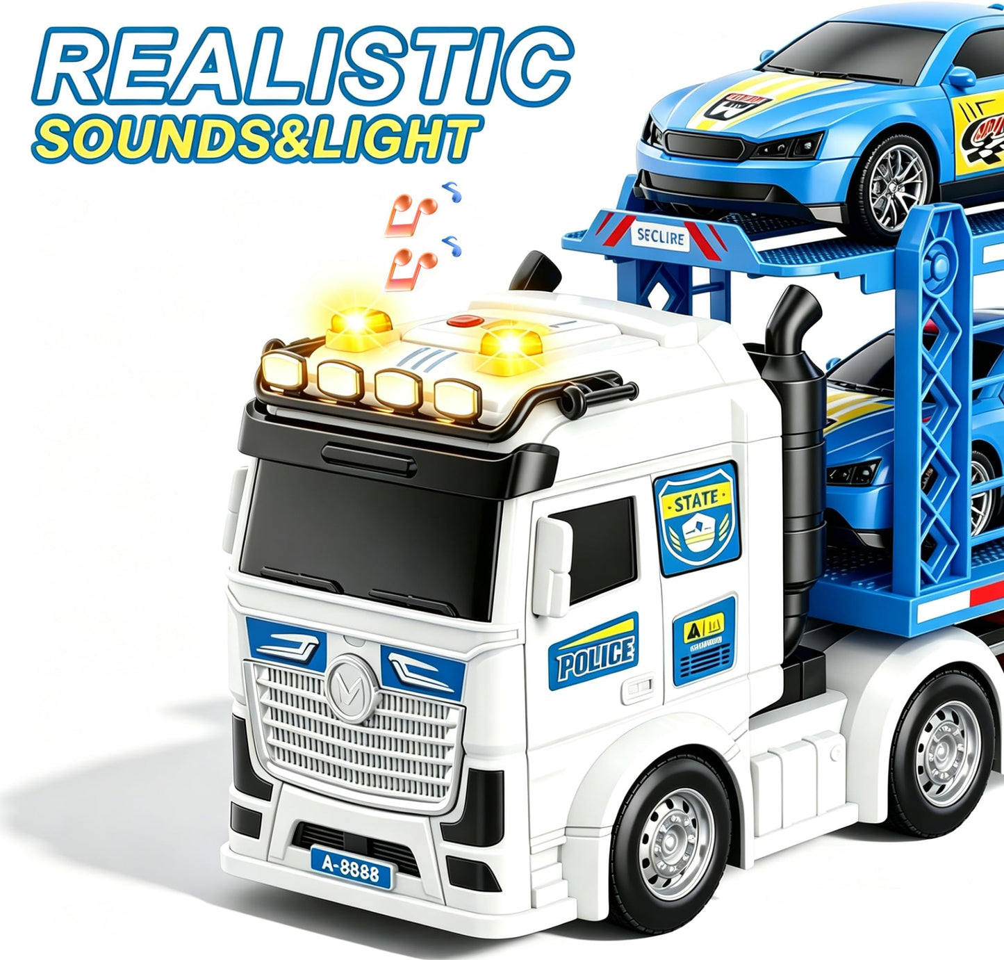 DOWELLIN Carrier Truck Race Car Toys for 3 4 5 6 7 Years Kids, 21.5" Friction Powered Double Layer Semi Transport Truck Toy with 4 Racing Cars, Lights&Sounds Vehical Toys, Xmas Gift for Boy Girl-Blue
