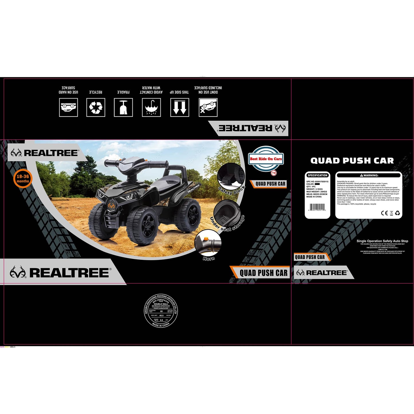 Best Ride On Cars Realtree Officially Licensed Black Quad Push Car for Toddlers 18–36 Months | Foot-to-Floor Ride-On with Horn Sounds, Under-Seat Storage & 4-Wheel Design | Safe Indoor/Outdoor Fun