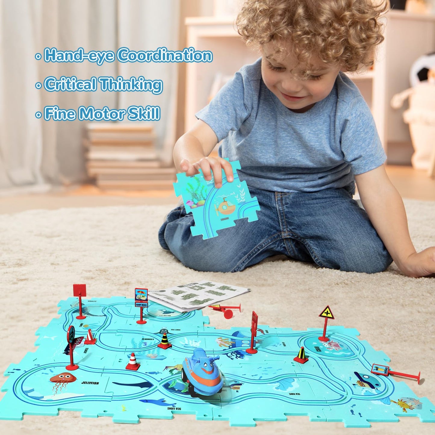 XAZASTOV Puzzle Track Car Play Set, Plastic Puzzles for Kids Ages 3-5 with Vehicles, Electric Trolley Puzzle, Car Tracks for Toddlers, Toys Gifts for 3 4 5 6 Year Old Boys Girls