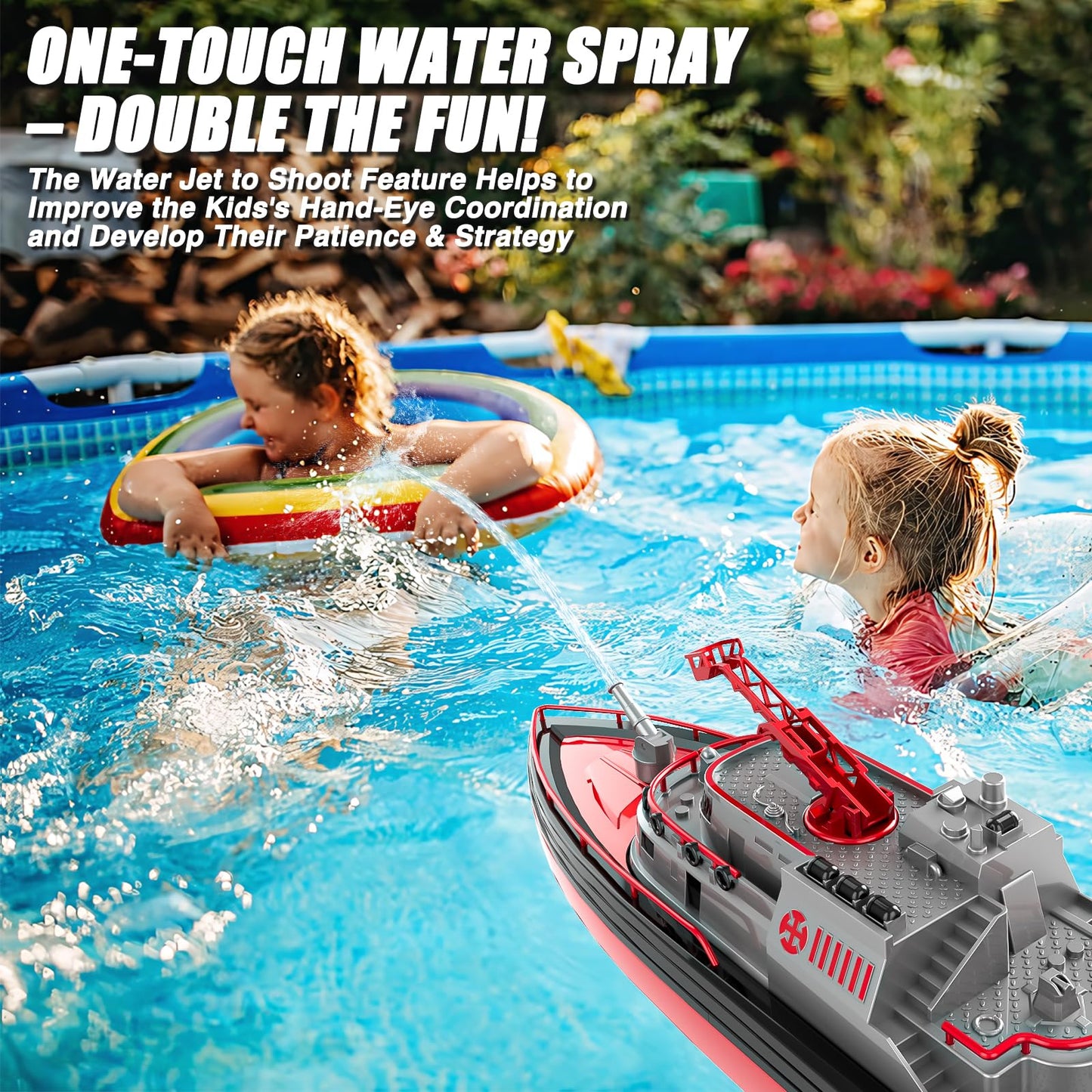 Cheerwing RC Boat, Remote Control Fireboat Firefighter for Kids, One-Key Water Spary, 2 Batteries for 40 Mins Run Time, 15KM/H High Speed Pool Toys for Boys Girls and Adult