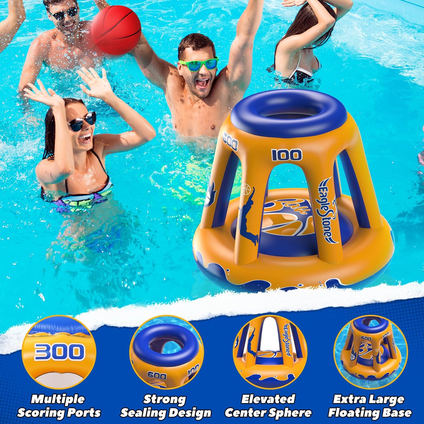 EagleStone Pool Basketball Hoop for Kids 4-8, 8-12 & Adults, 47" Inflatable Floating Basketball Hoop Pool with 3 Balls & Pump, Heavy-Duty Pool Toy for Summer Outdoor Water Games, Family & Party Fun