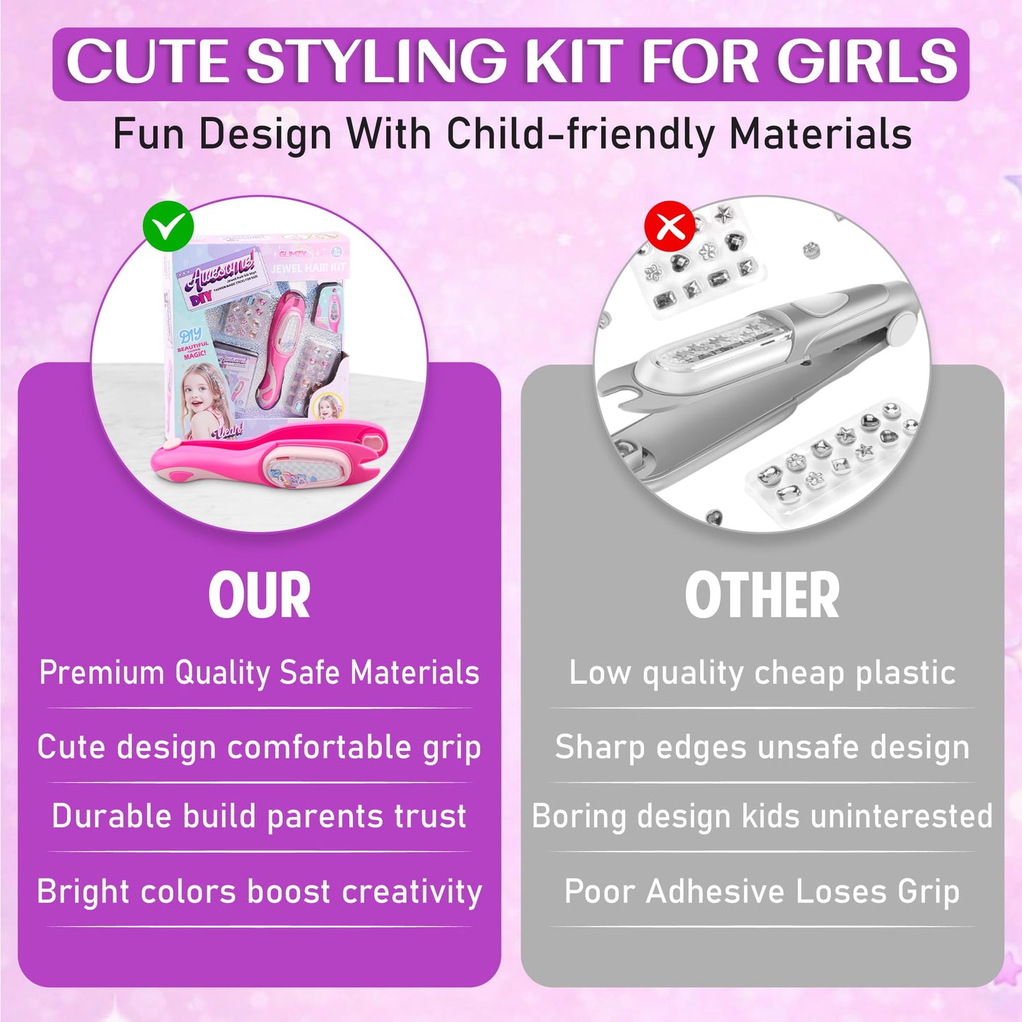 GLIMZY Hair Gem Stamper Kit for Girls – DIY Jewel Hair Applicator with Large Gems, Premium Hair Jewelry & Bling Toy Gift for Kids Ages 3–12