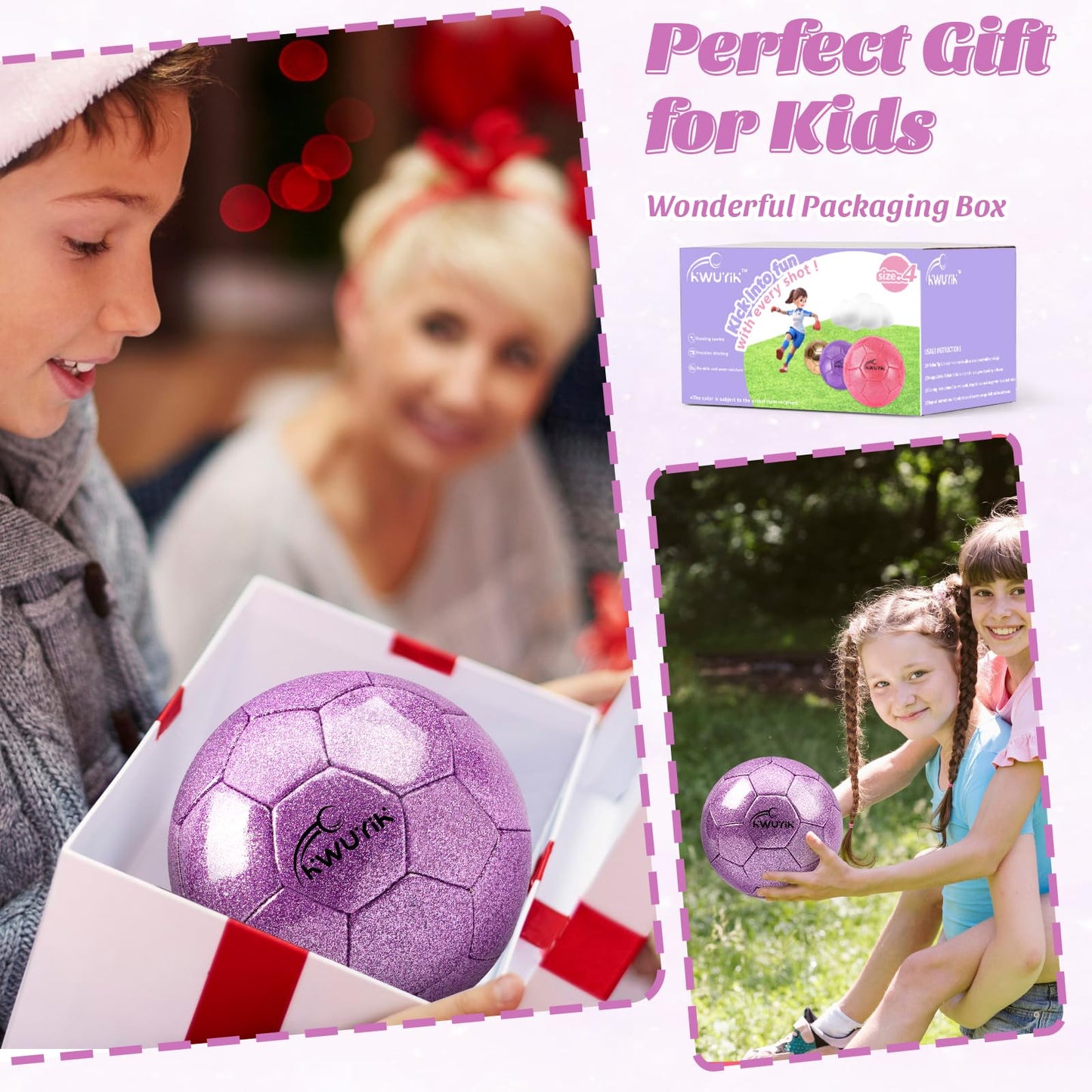 OKWUYiK Size 4 Glitter Purple Soccer Ball Set with Pump Youth Soccer for Kids Aged 6-8 8-12 Toddler Outdoor Training Ball Soft Sports for Back to School Sports Outdoor