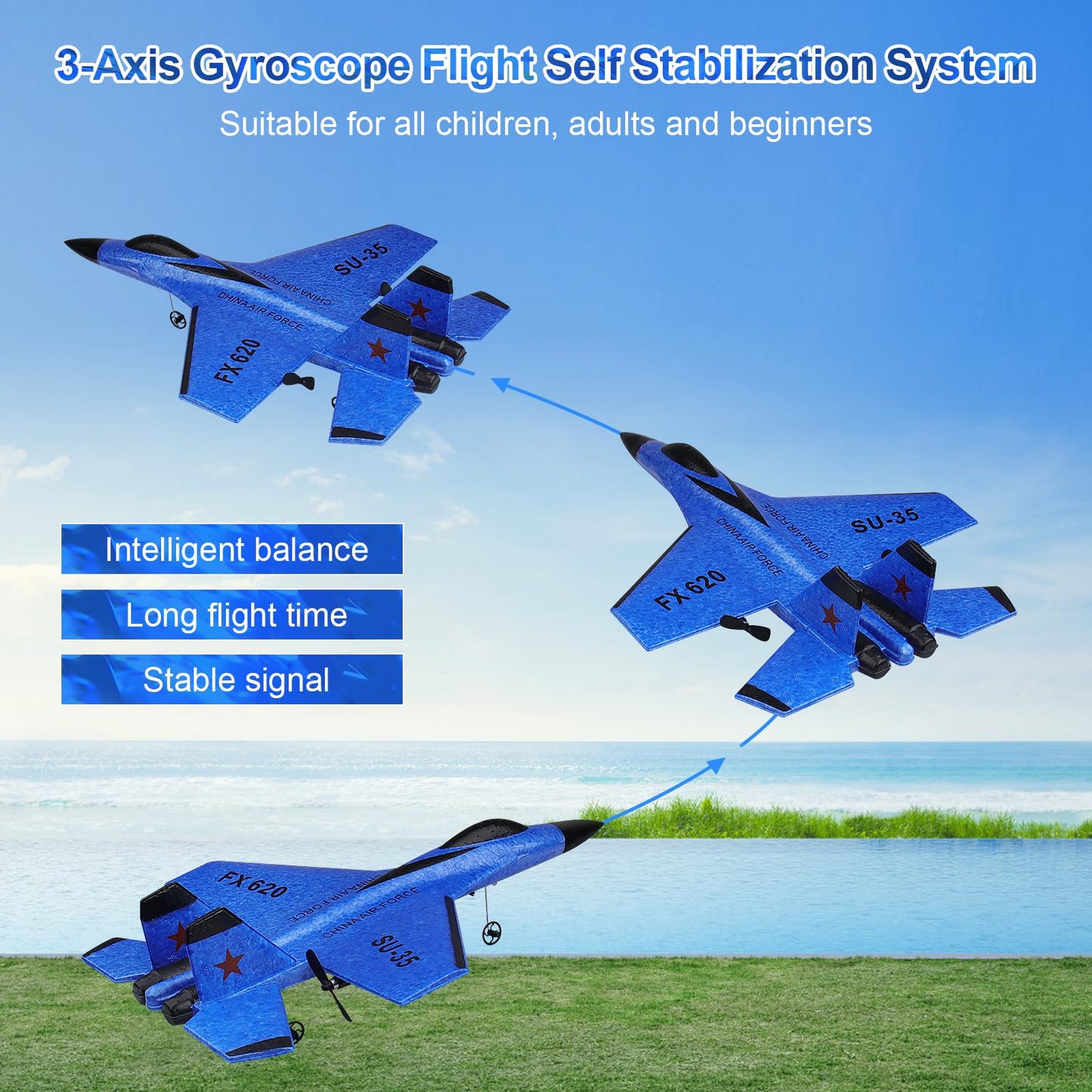 Beffkkip RC Plane 2CH Remote Control Plane SU35 RC Jet 2.4GHz RC Airplane RTF Easy to Fly FX620 Airplane Toys for Beginner, Kids and Adults,with Night Lights USB Charging（Blue）