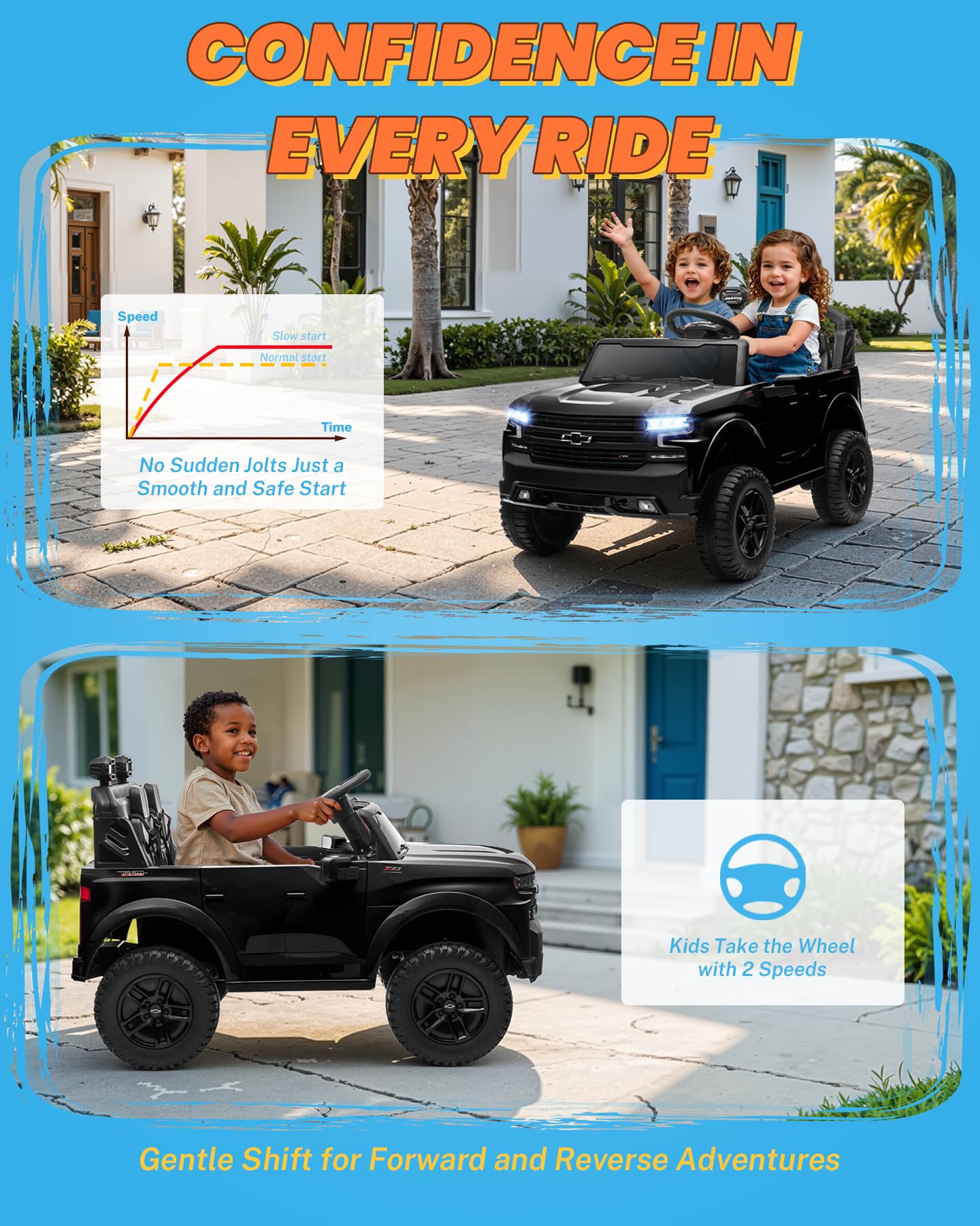ENYOPRO 24V Ride on Toys, Licensed Chevrolet Silverado LT Trail Boss 2 Seater Ride on Car for Kids, Toddler Electric Car w/Remote Control, Safety Belt, Truck Bed Storage, LED Lights, Bluetooth, Black