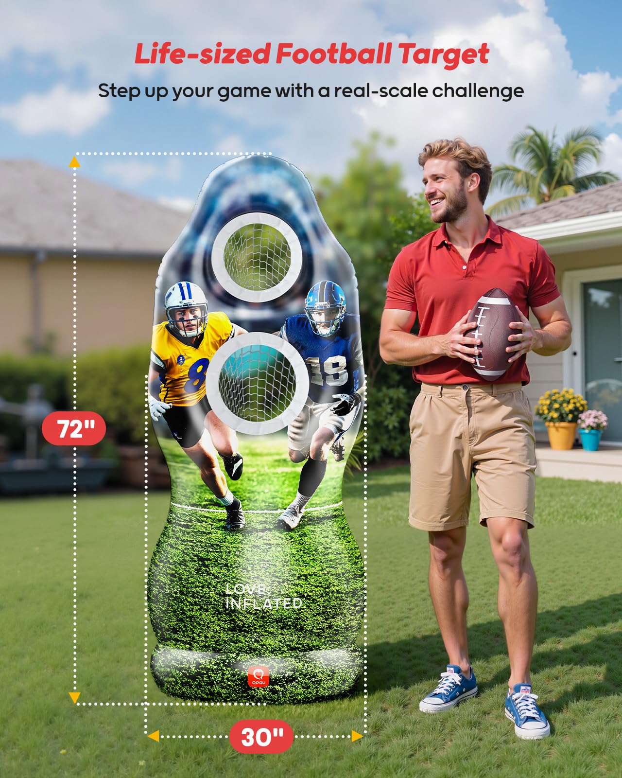 QPAU Life-Size Inflatable Football Target with Dual-Hole & Water-Filled Base - Includes 4 Balls, 2 Pumps & Dry Erase Scoreboard - Heavy Duty Outdoor Backyard Sports Toss Games for Kids, Teens & Adults