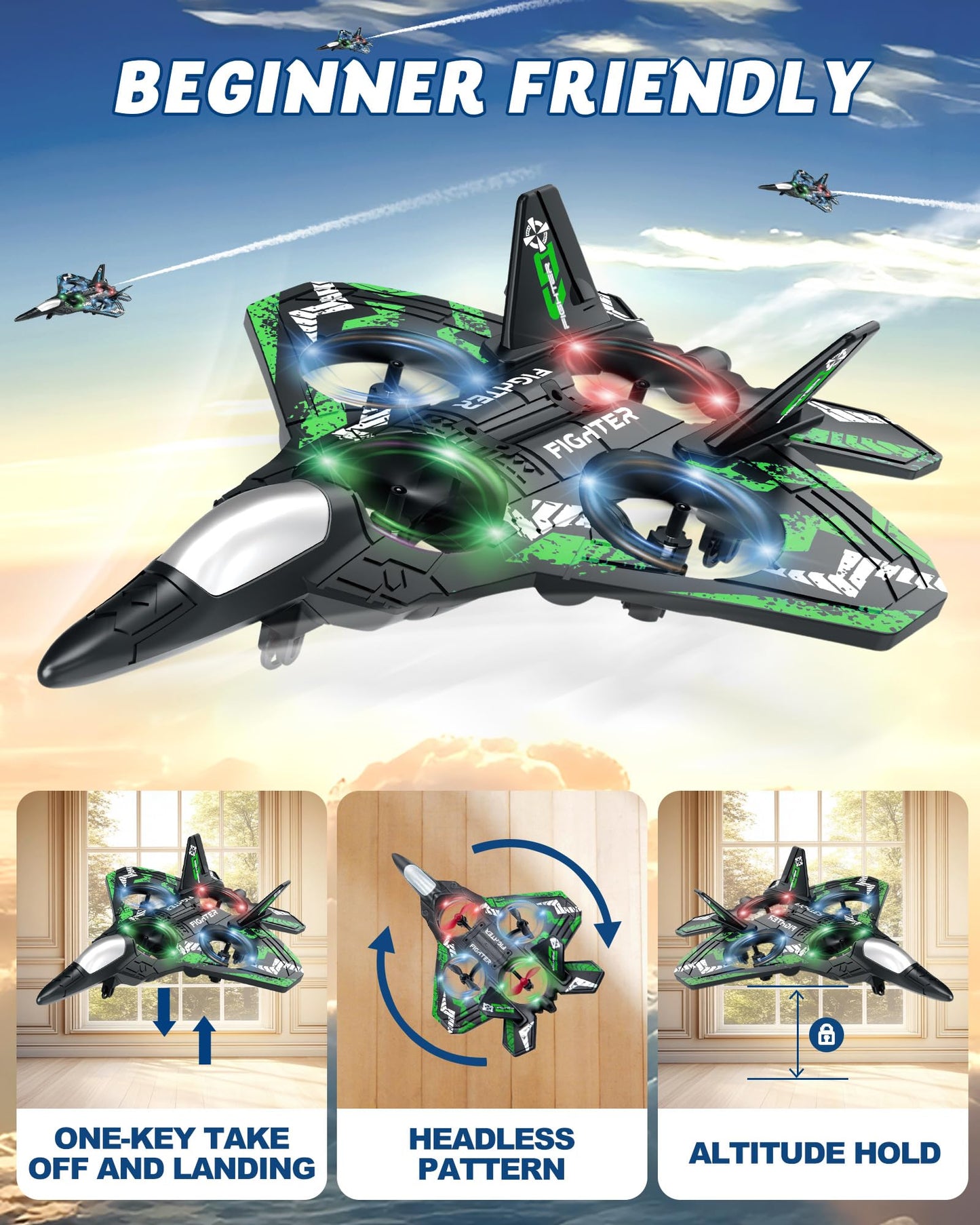 JoyRapt Form RC Plane Drones for Kids, Remote Control Airplane, Aircrafts for Boys and Girls, Jet Helicopter Drones with LED Lights 360° Flip, 2 Rechargeable Batteries (Green)