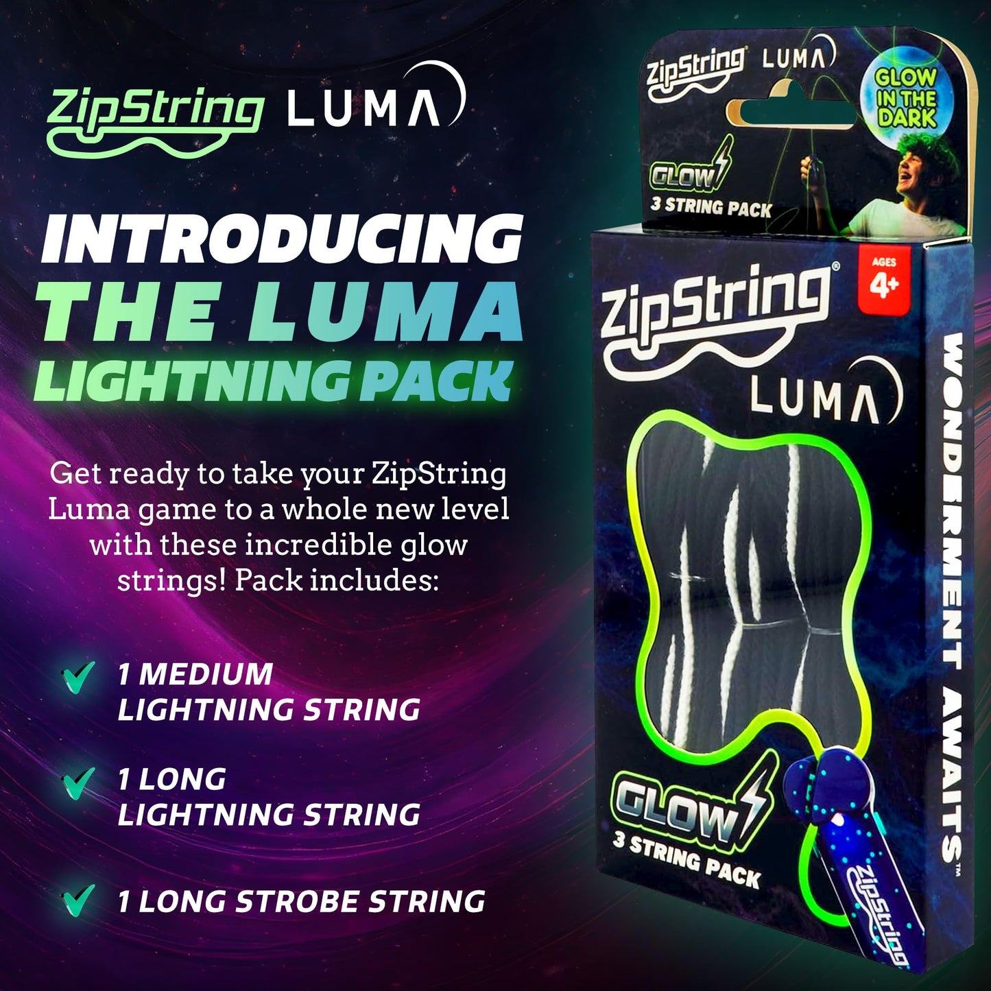 ZipString Lightning Luma Replacement Strings for Rope Launcher Toy – Pack of 3 – UV Reactive Glow in The Dark Fidget for Kids & Adults – Shark Tank Featured – Device Not Included