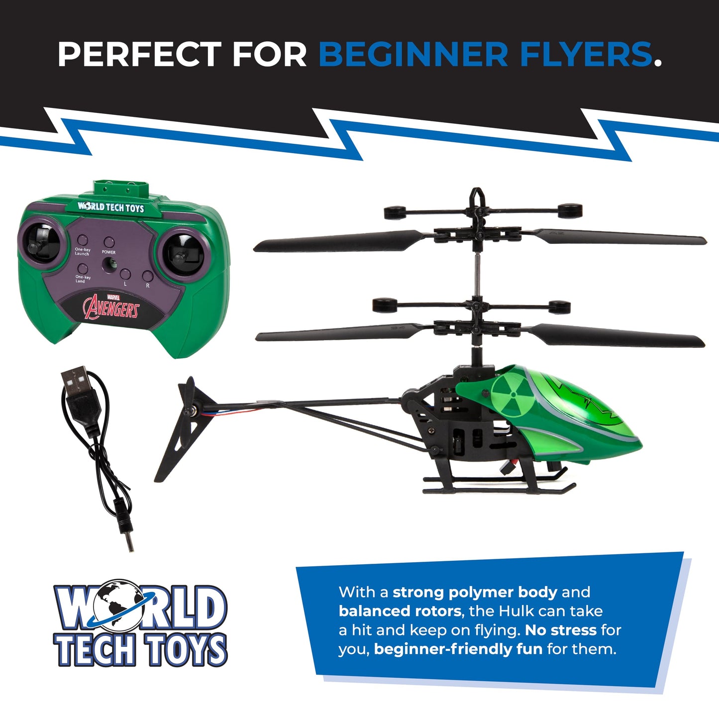 Marvel Hulk RC Helicopter – Easy‑Fly Remote Control Helicopter with LED Lights, Durable Body, Coaxial & Rear Rotors – Kids 8+