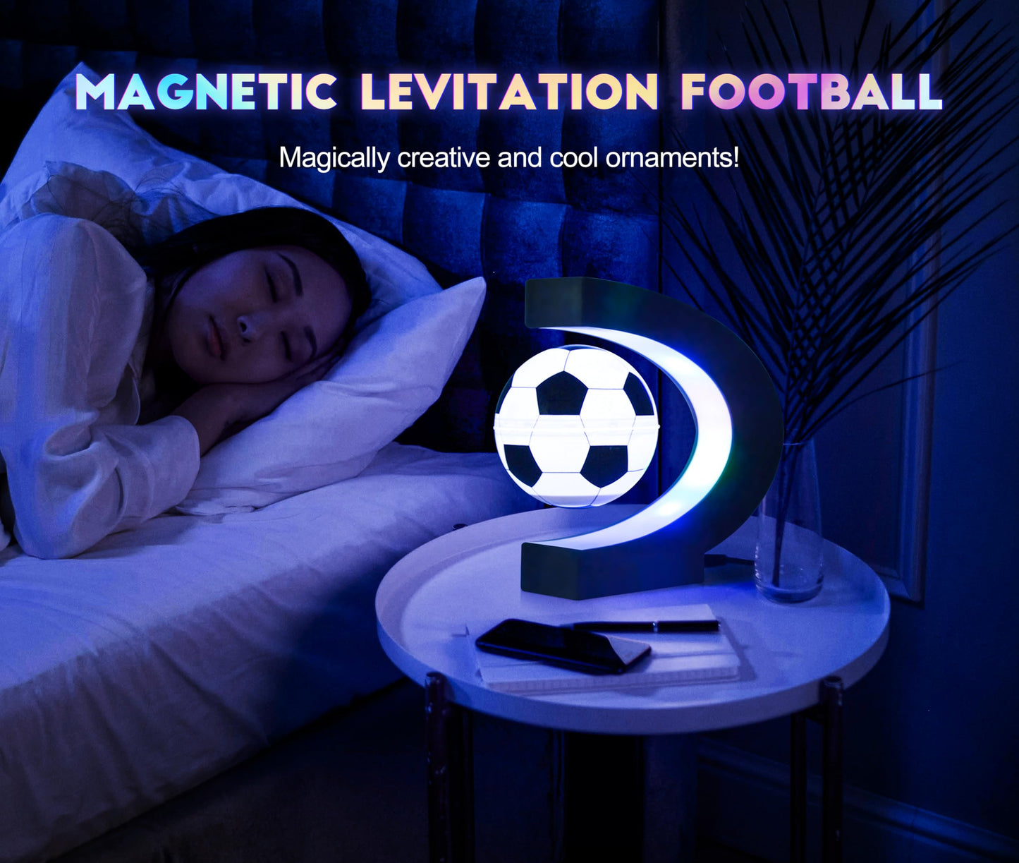 Magnetic Levitation Soccer Ball, Levitating Ball with C Shaped Shelf, Levitating Display Soccer with LED Lights for Men's Gift, Cool Decor (US Plug)