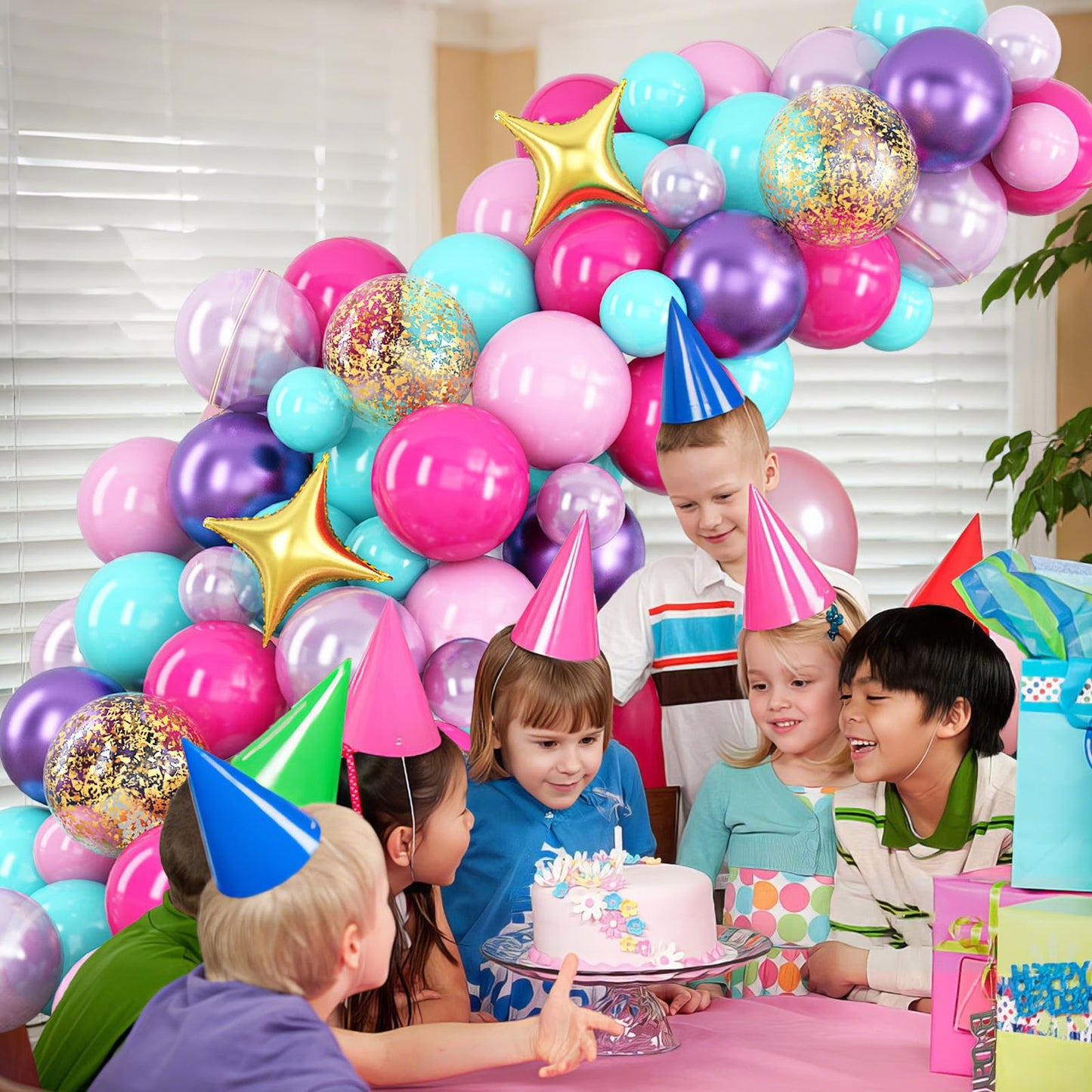 HILAVO Pink Purple Blue Balloon Arch Kit Teal Hot Pink Metallic Purple Party Latex Balloon Garland with Confetti and Star Foil Balloons for Girls Princess Birthday Baby Shower Neon Party Decorations