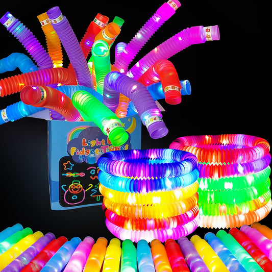 OceanWings 24PC Lights up Pop Tube Set for Kids Adults,Glow Sticks Stretchy Tube Fidget Toys for Classroom Prizes Birthday Concert Hawaii Party Glow in the Dark Party Supplies Favor for Boy Girl 8-12