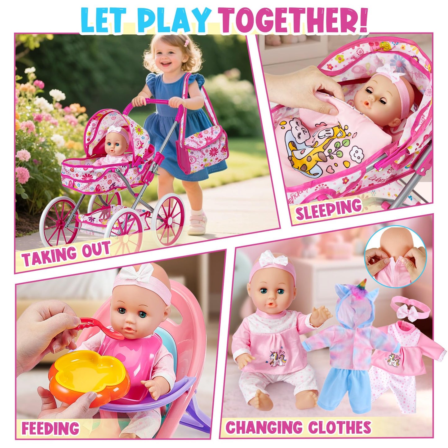 Golray 12 in Baby Doll Toys Set with Stroller for 3 4 5 6 Year Old Girl - 26pcs Babydoll with Accessories Quilt Pillow/Highchair/2 Clothes, Feeding Nursing Pretend Play Toddler Girl Toy Gift 3-5-7