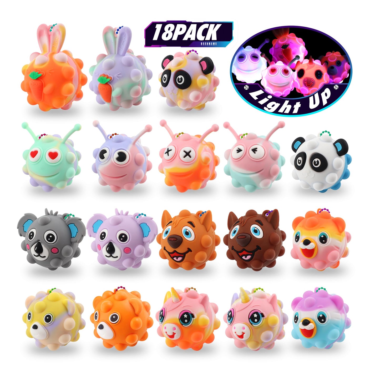 18PCS Light Up Fidget Balls Party Favors, 2 inch 3D Animal Pop Balls Fidget Toys, Party Favors for Kids 4-12, Goodie Bags Stuffers, Pinata Stuffers, Birthday Gifts, Classroom Prizes, Treasure Box Toys