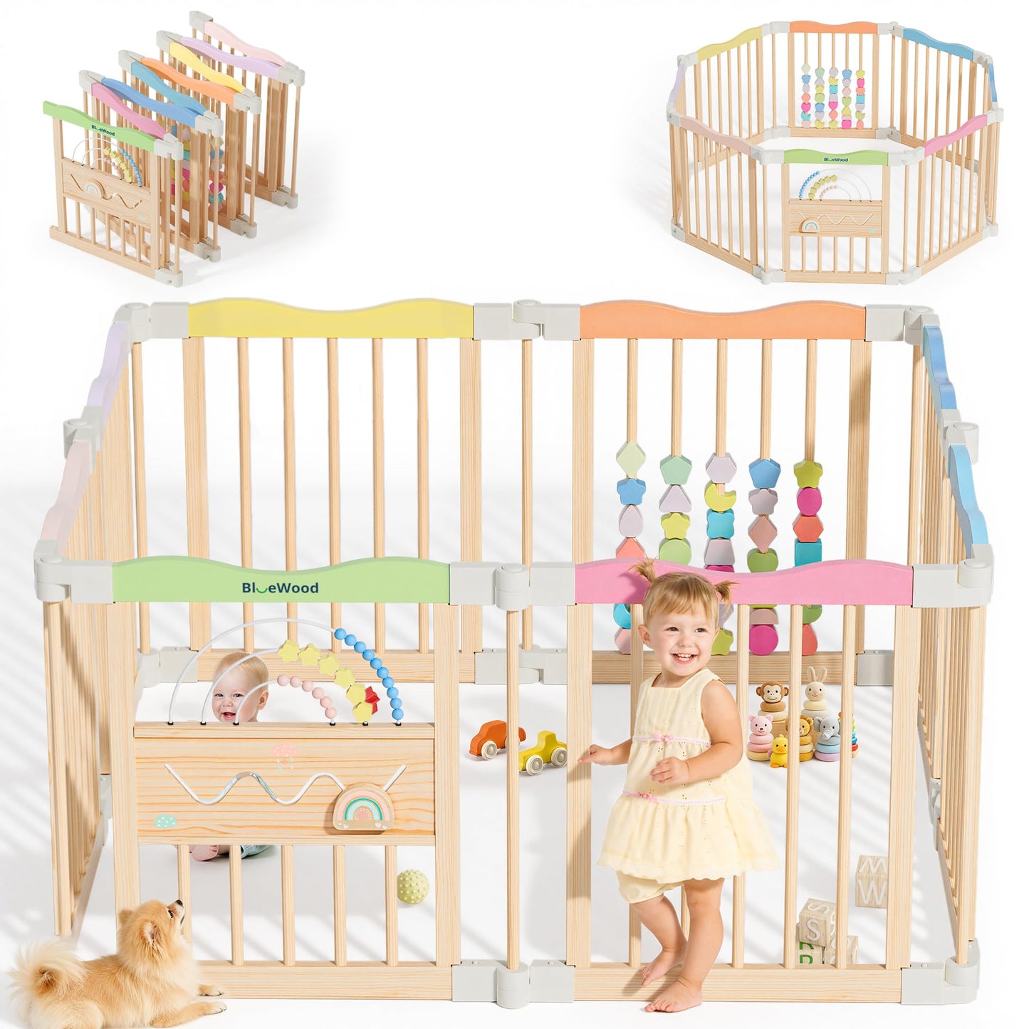 Foldable Wooden Baby Playpen - Adjustable Wood Play Yard, Indoor Large Safety Fence for Babies and Toddlers - Built-in Toys Design, 45 x 45 x 24 inches, Colorful Dream
