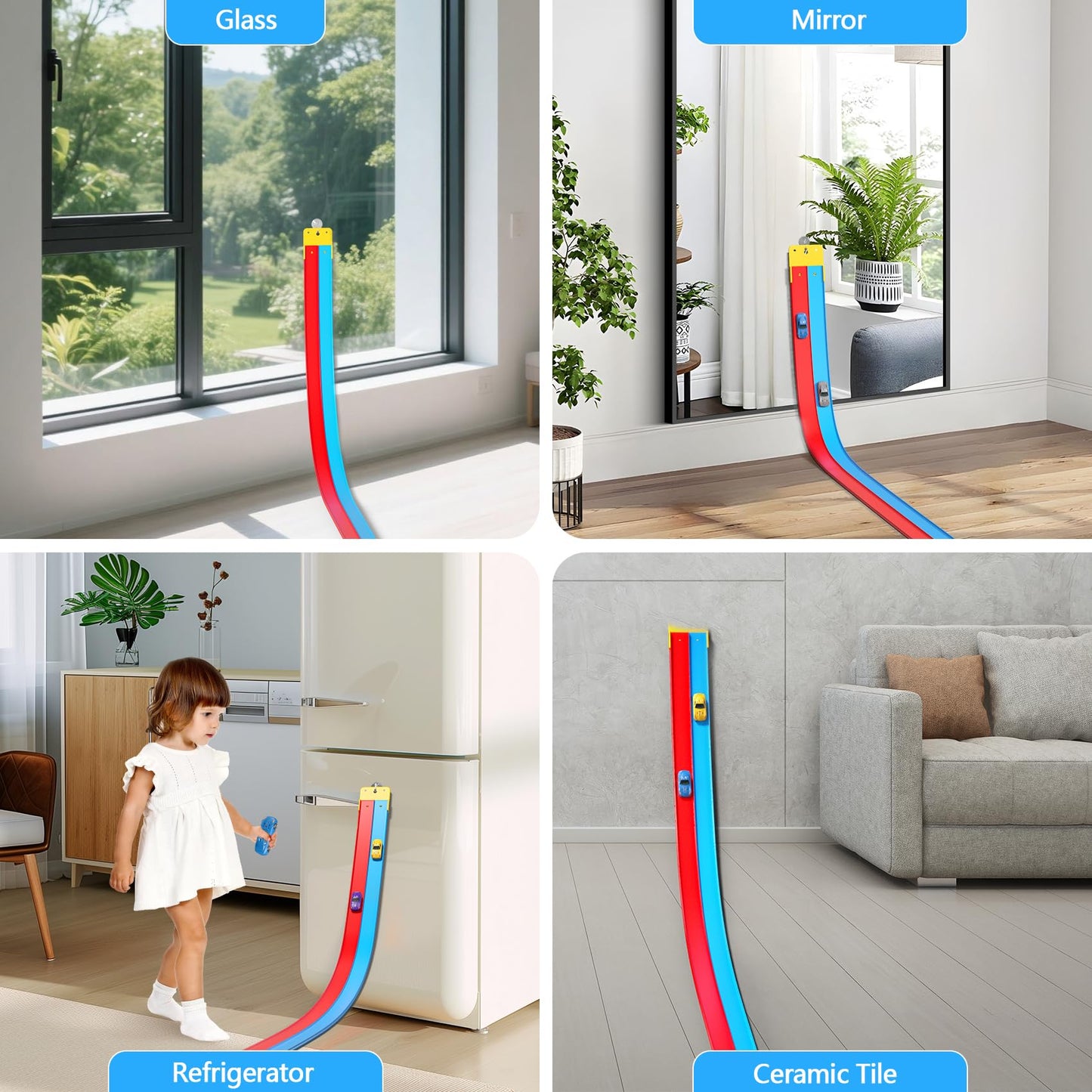 15FT Flexible Race Track with 4 Cars - DIY Car Ramp Track for Jumps, Loops, Ramps - Portable Roll-Up Dual Racetrack for Indoor Outdoor Play, Ages 3+ (Blue+Red)