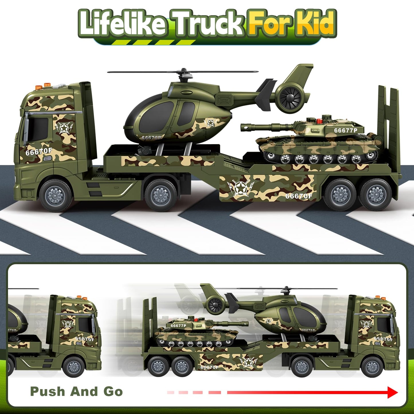 Bstoyder Toddler Boy Toys for 3 4 5 6 7 Years Kids, 25" Semi Army Truck Toy with Helicopters and Tank, Friction Powered Military Toys with Lights and Sounds, Birthday for Boy Girls