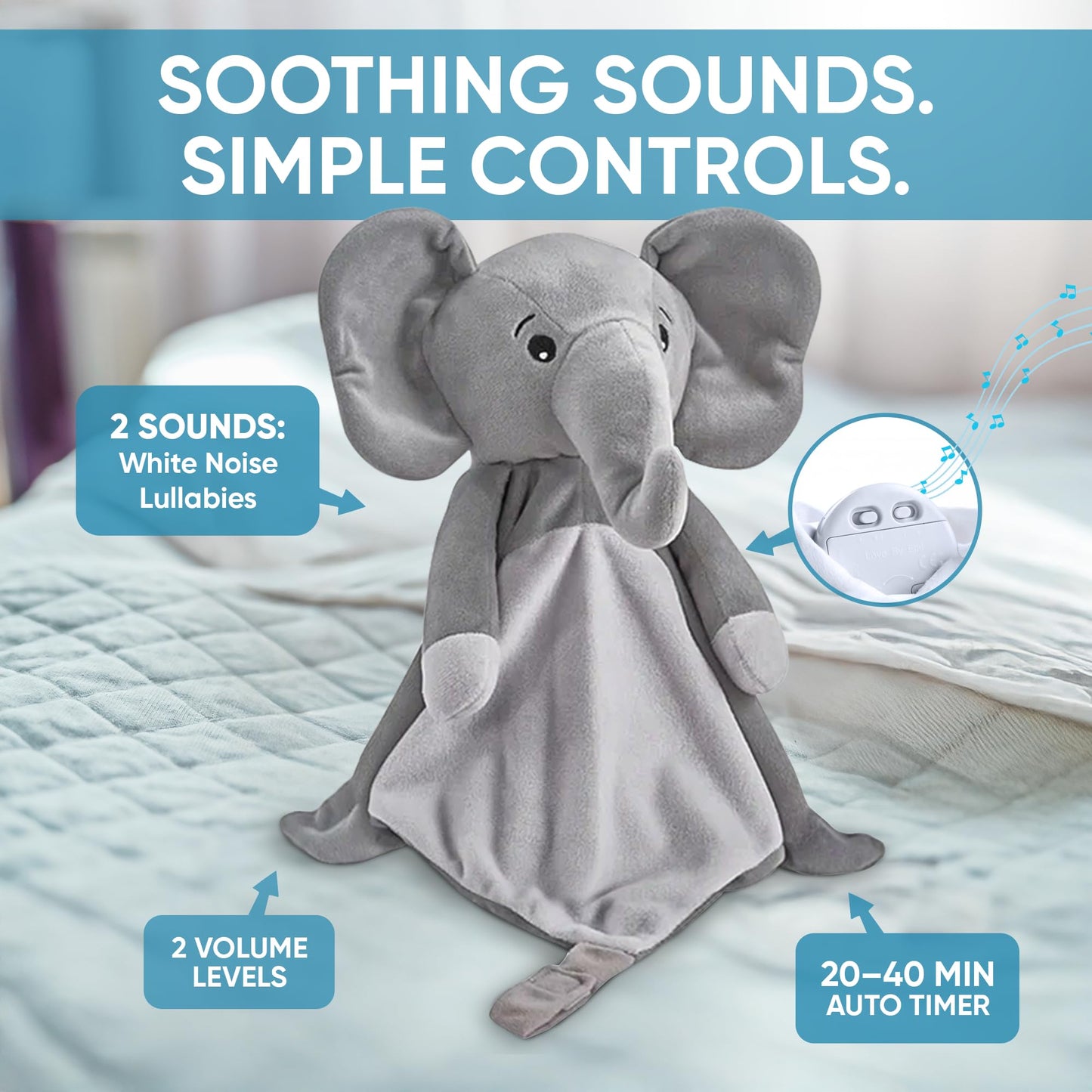 Love By Emi 4 in 1 Baby Lullaby Sleep Soother Toy - Stuffed Animal Sound Machine & Pacifier Holder | Heartbeat White Noise & Music | Plush Elephant Lovey Sleep Aid Security Blanket (0-3 Years)