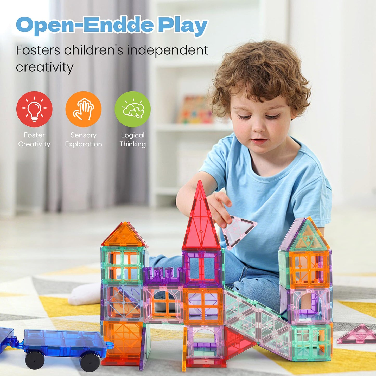 CHIZEKOO Magnetic Tiles with 2 Cars, 100 Pcs Magnetic Building Blocks Set, Preschool Children Educational Construction Toys, Magnetic Blocks for Kids Ages 3–12 Birthday for Boys and Girls