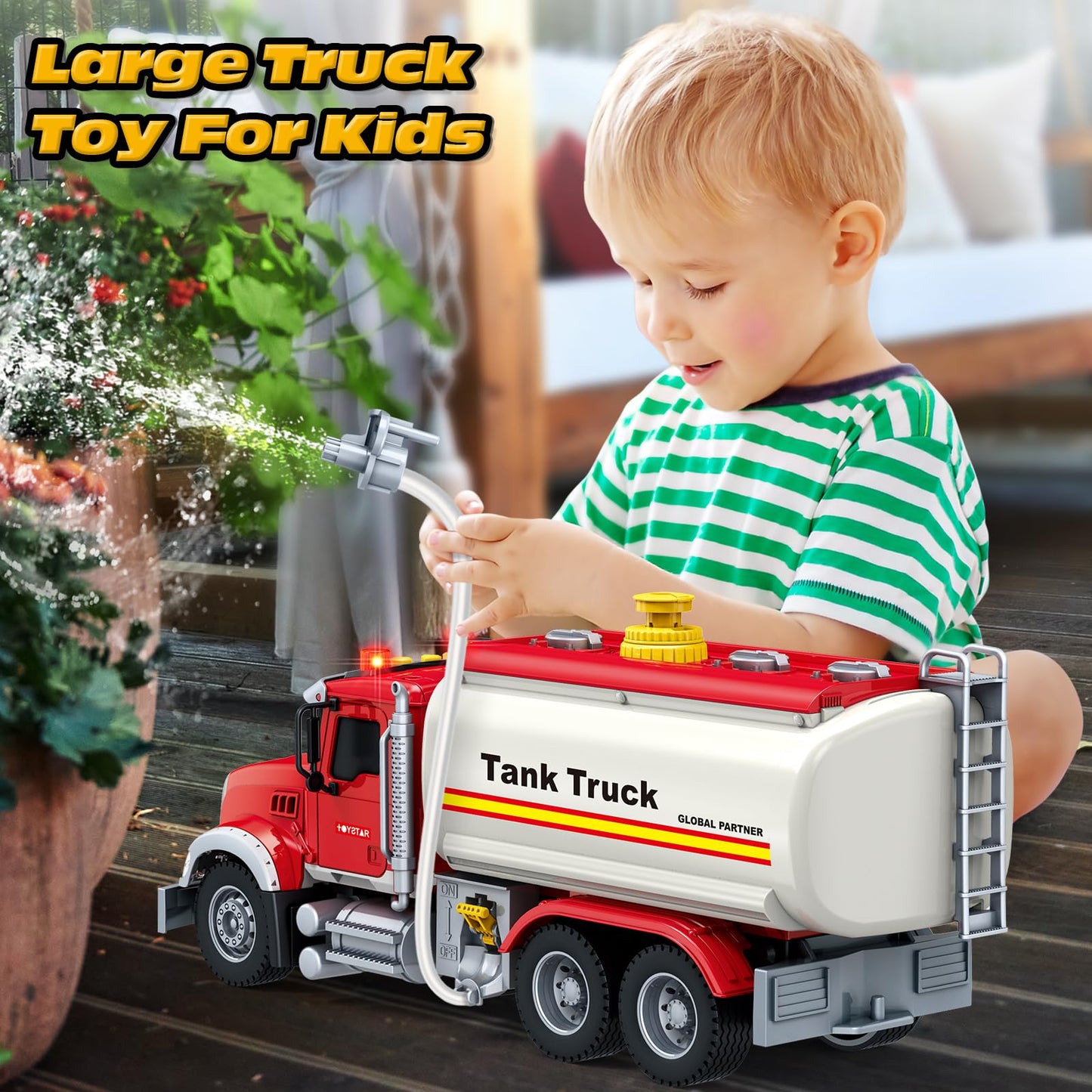 Bstoyder Kids Toys for 3 4 5 6 7 8 Years Old Boys, 15" Tank Truck Toy with Lights, Sounds, Toddler Friction Powered Truck Vehicle Toy for Boys Girls Birthday Gifts