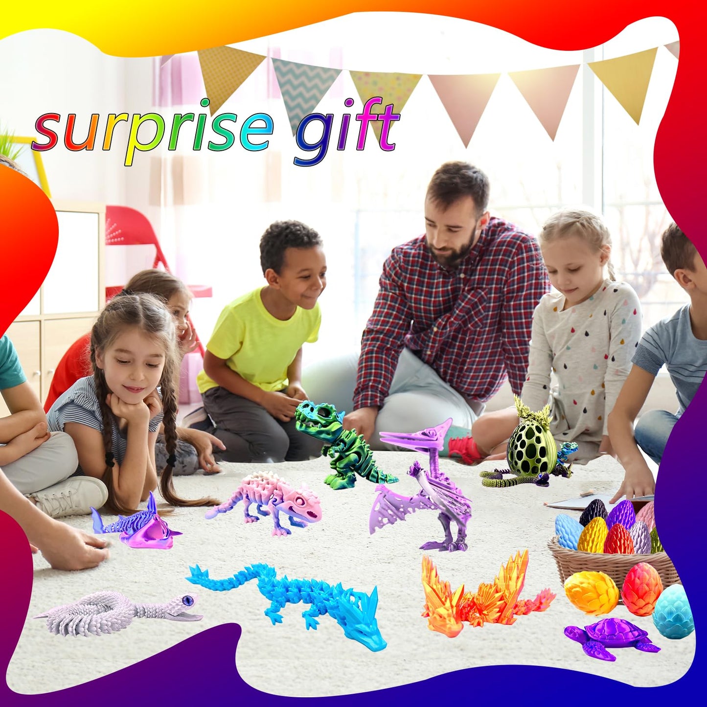 TJYZGXQ 8pcs 3D Printed Dinosaur, Snake Turtle Pterosaur T-Rex Fidget Toys,Crystal Dragon Flying Dragon，Desk Executive Toy，Easter,Toys for Boys Kids Teen 5-7 4-6 8-12