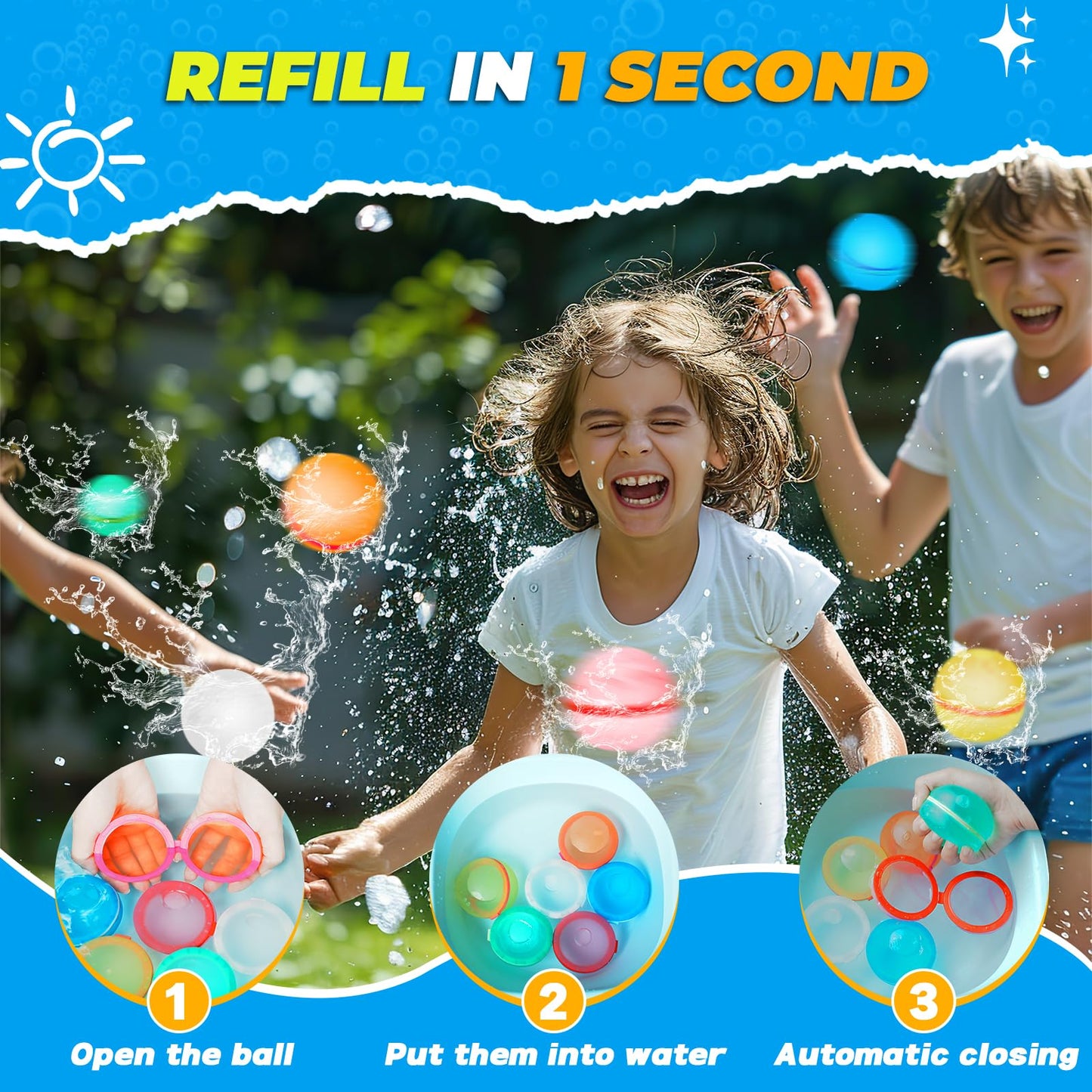 Tizikcon 16PCS Reusable Water Balloons, Refillable Silicone Bath Pool Beach Toys for Kids, Quick Fill Self-Sealing Splash Balls for Outdoor Water Fun Summer Family Games