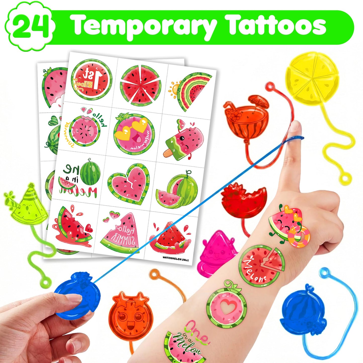 48PCS Watermelon Party Favors - 24PCS Temporary Tattoos & 24PCS Stick Hands Party - Perfect Birthday Party Supplies, Goodie Bag Stuffers, Treasure Box Toys, Classroom Prizes, and Student Gifts