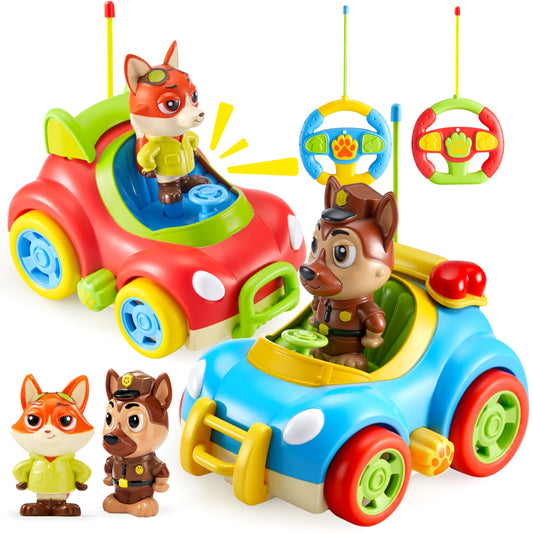 lalalark JOVA 2 Pack Remote Control Car for Toddlers, RC Cars with Cartoon Figure, Kids Toy Bumper Cars with LED Lights and Sounds, Light Up Car with Music, Christmas Birthday Gift for Boys Girls