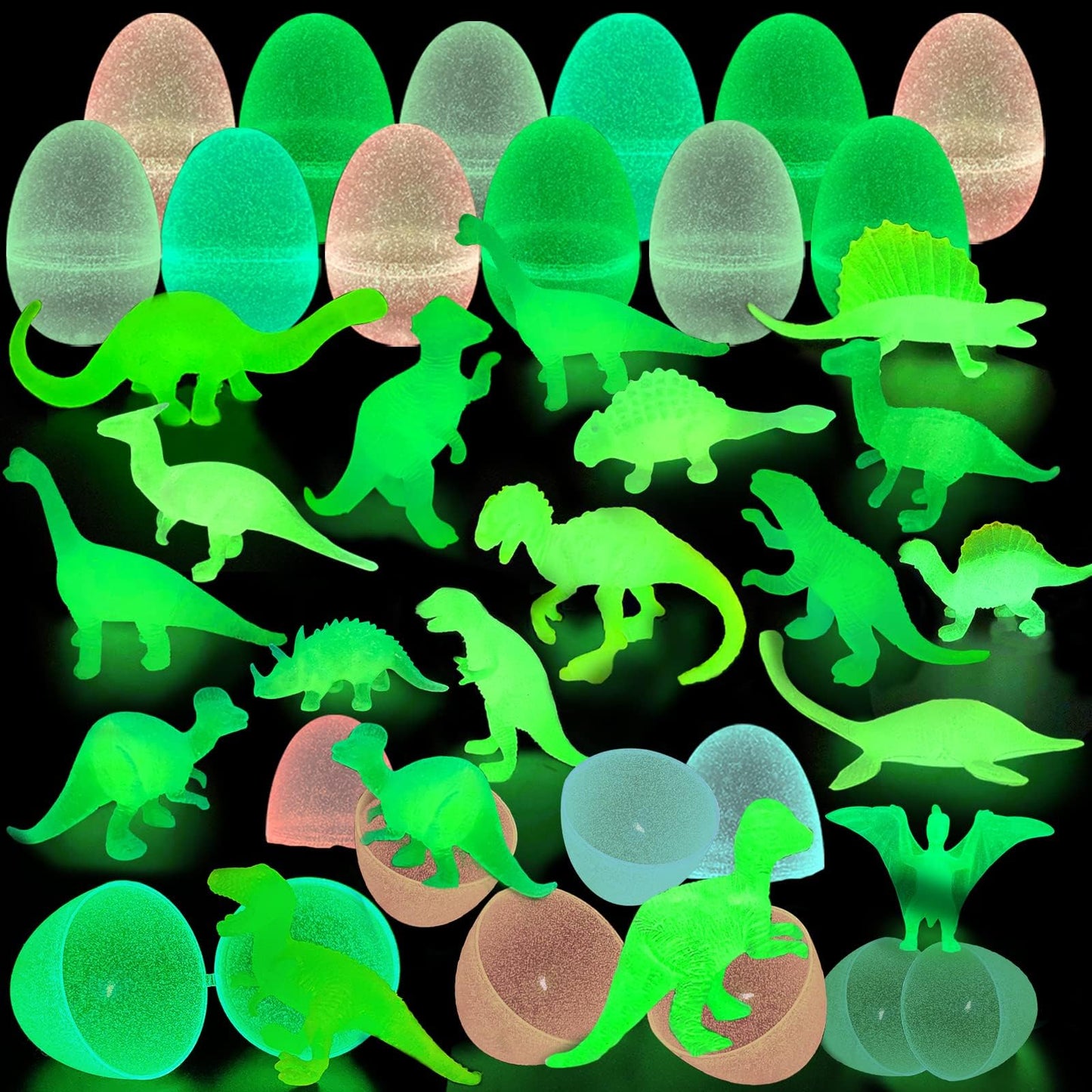 36 Pack Easter Eggs Filled with Glow in The Dark Dinosaur Toys, Easter Basket Stuffers for Toddlers Kids Boys Girls Glow Colorful Easter Eggs Dinosaur Easter Egg Fillers Hunt Gifts Party Favors Prize